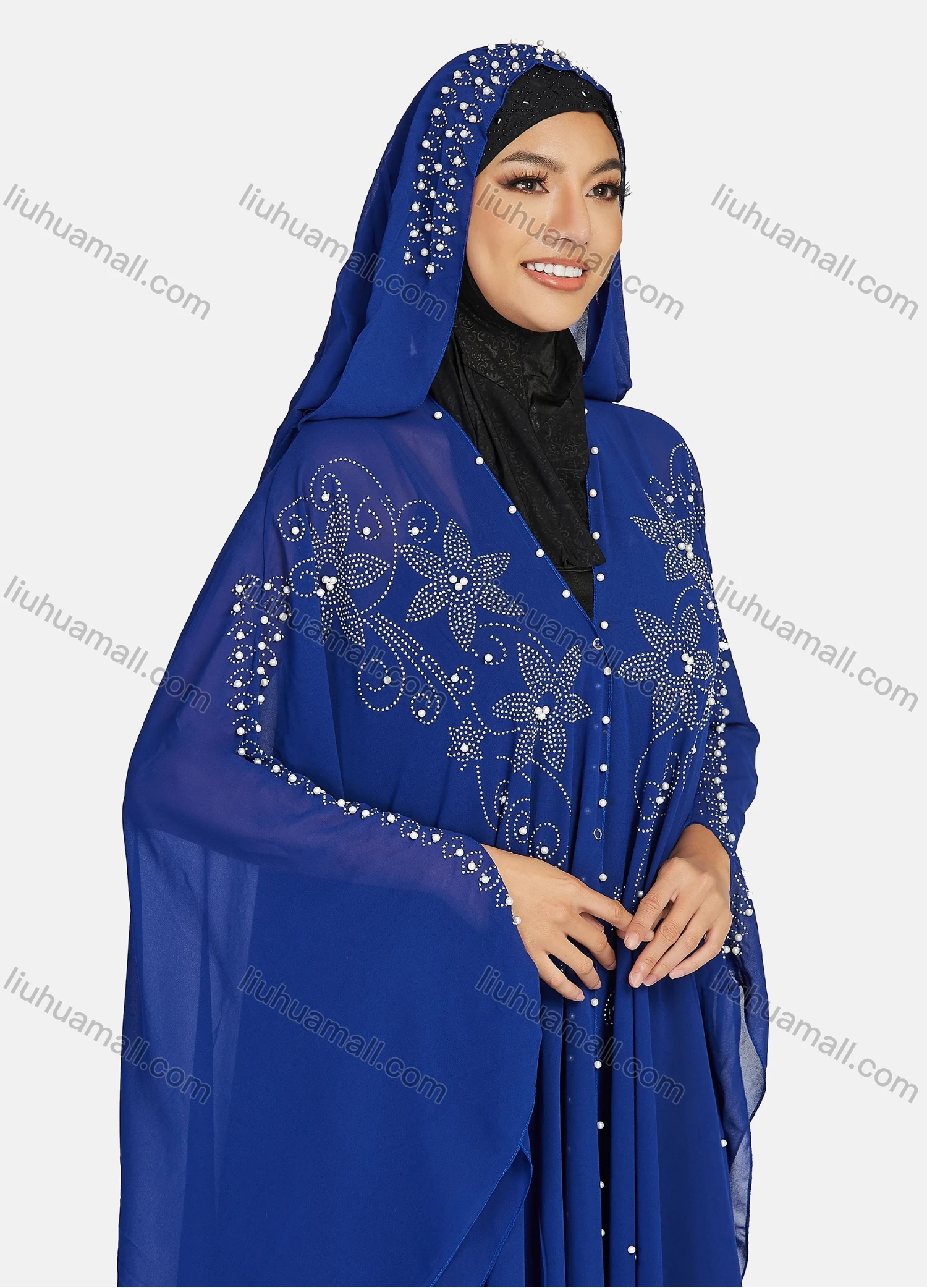 Wholesale Women's Modest Muslim Islamic Beaded Rhinestone Arabic Dubai Hooded Sheer Mesh Cover Up Kaftan Cloak - Liuhuamall