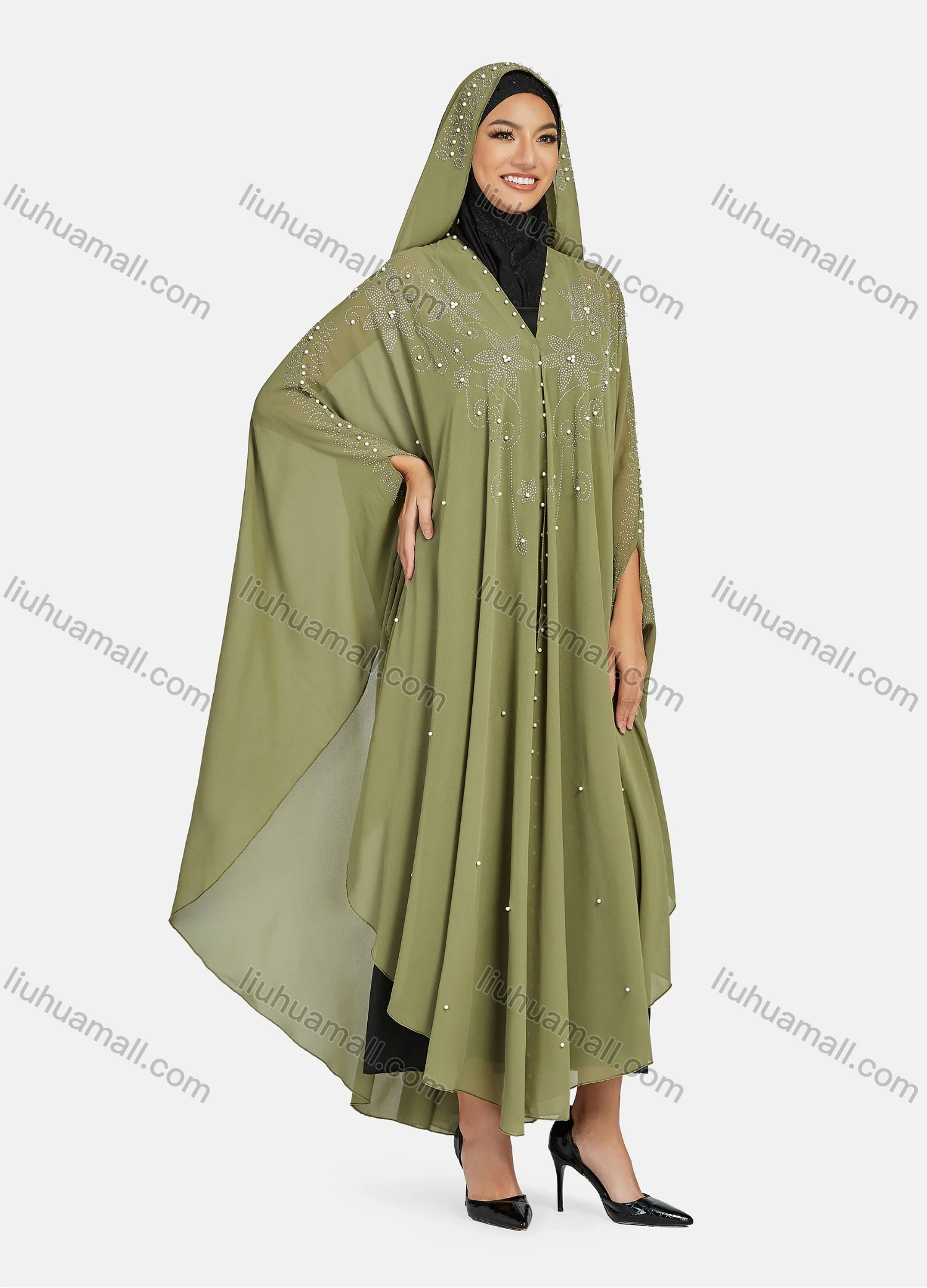 Wholesale Women's Modest Muslim Islamic Beaded Rhinestone Arabic Dubai Hooded Sheer Mesh Cover Up Kaftan Cloak - Liuhuamall