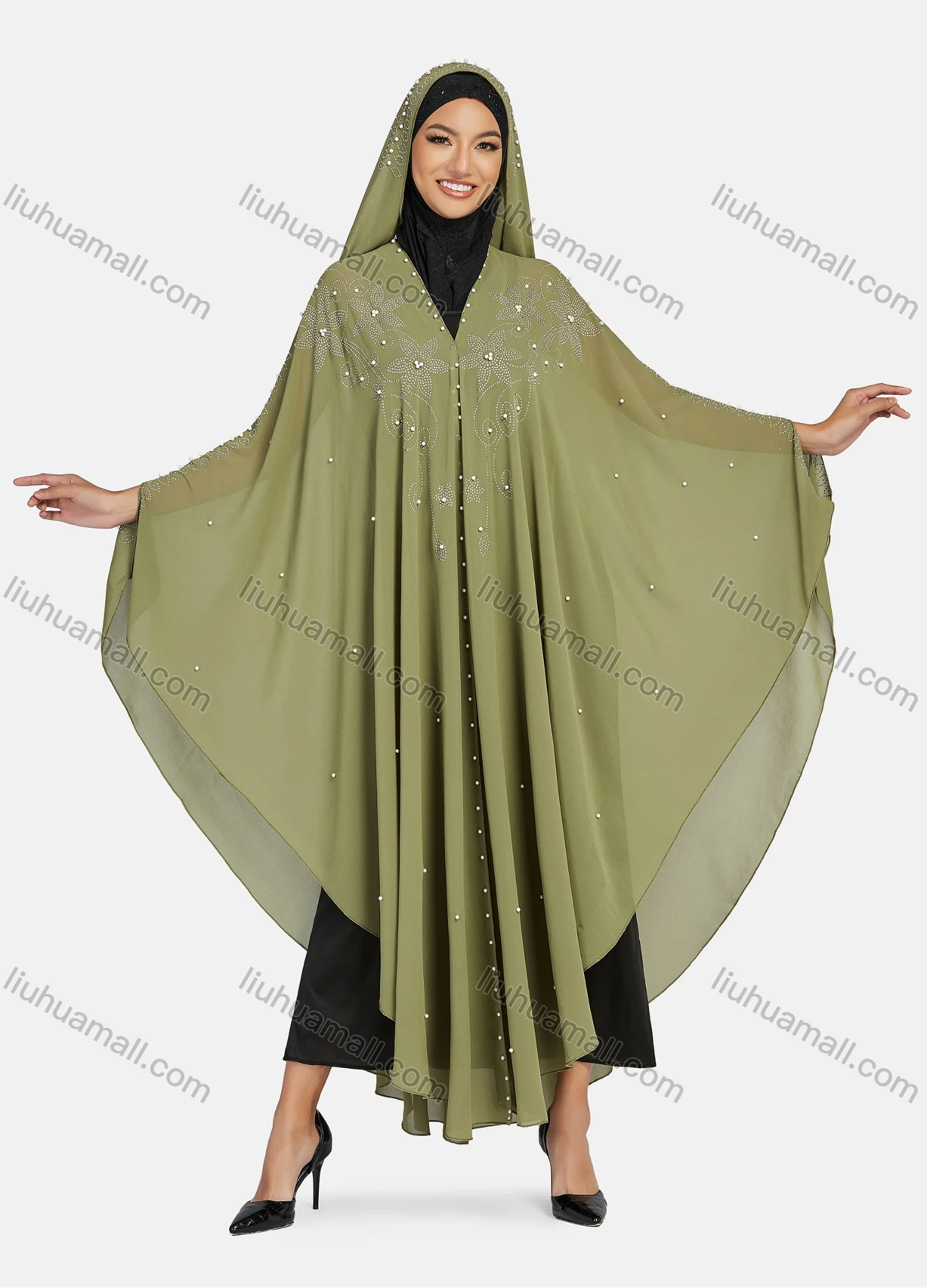Wholesale Women's Modest Muslim Islamic Beaded Rhinestone Arabic Dubai Hooded Sheer Mesh Cover Up Kaftan Cloak - Liuhuamall