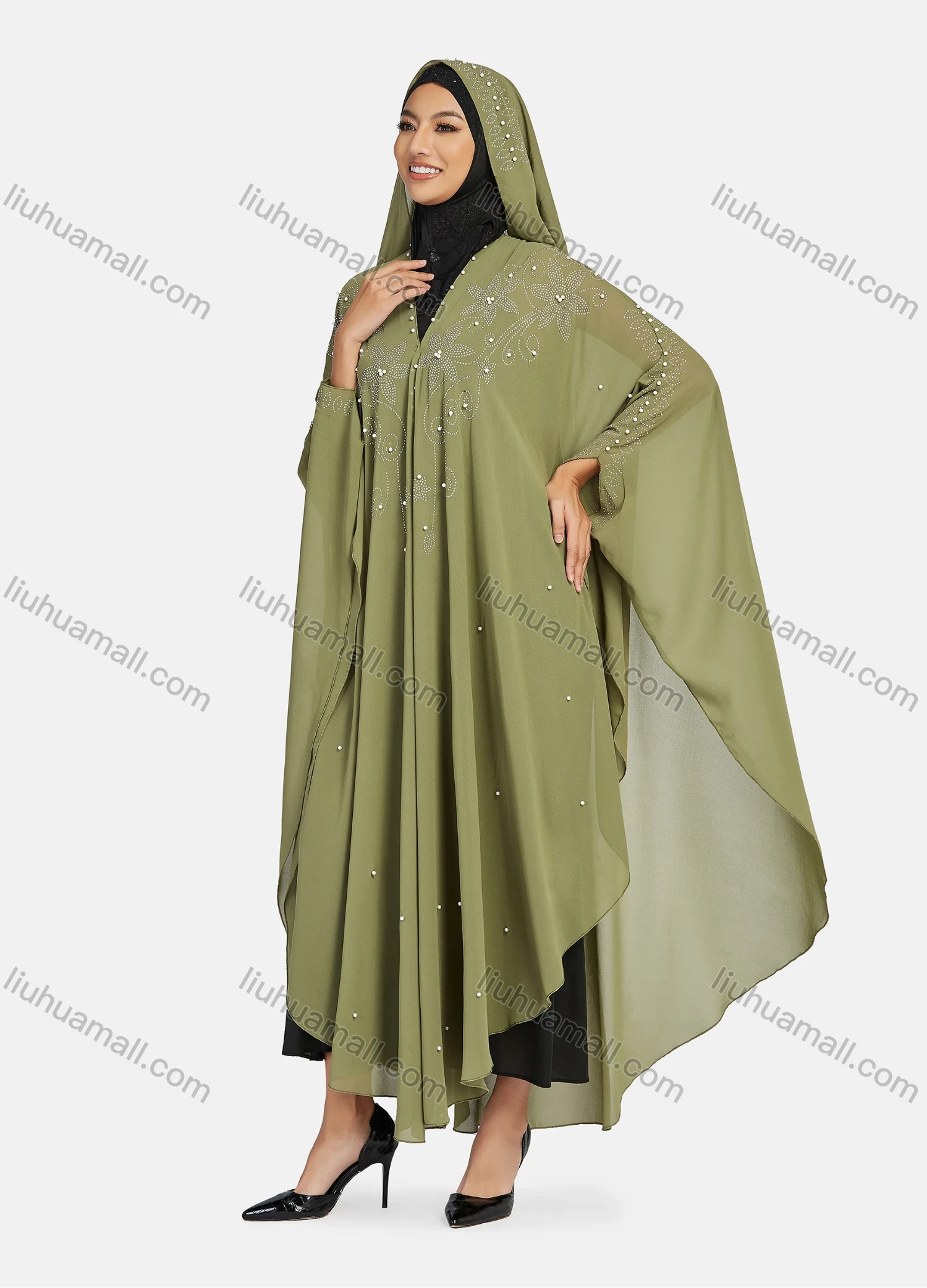 Wholesale Women's Modest Muslim Islamic Beaded Rhinestone Arabic Dubai Hooded Sheer Mesh Cover Up Kaftan Cloak - Liuhuamall