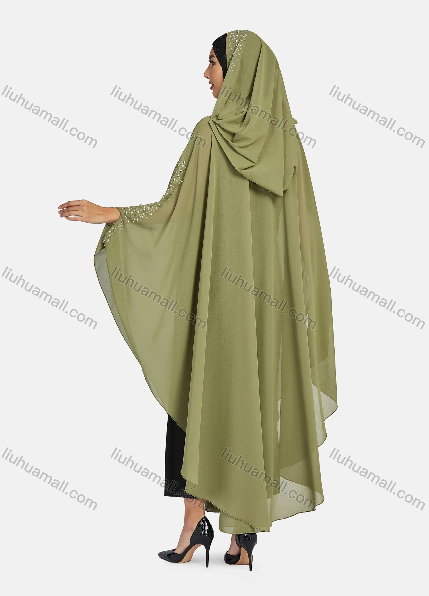 Wholesale Women's Modest Muslim Islamic Beaded Rhinestone Arabic Dubai Hooded Sheer Mesh Cover Up Kaftan Cloak - Liuhuamall