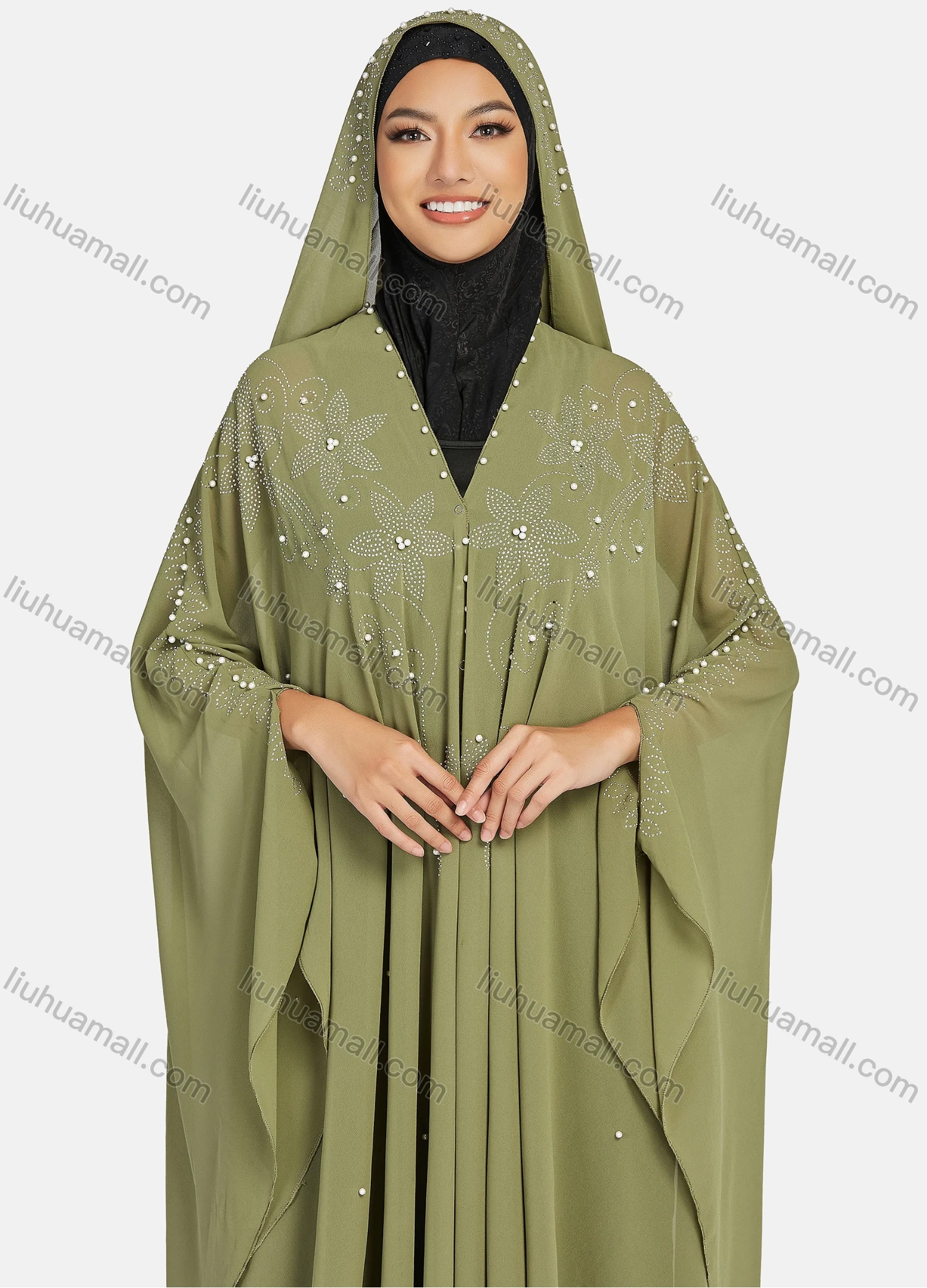 Wholesale Women's Modest Muslim Islamic Beaded Rhinestone Arabic Dubai Hooded Sheer Mesh Cover Up Kaftan Cloak - Liuhuamall