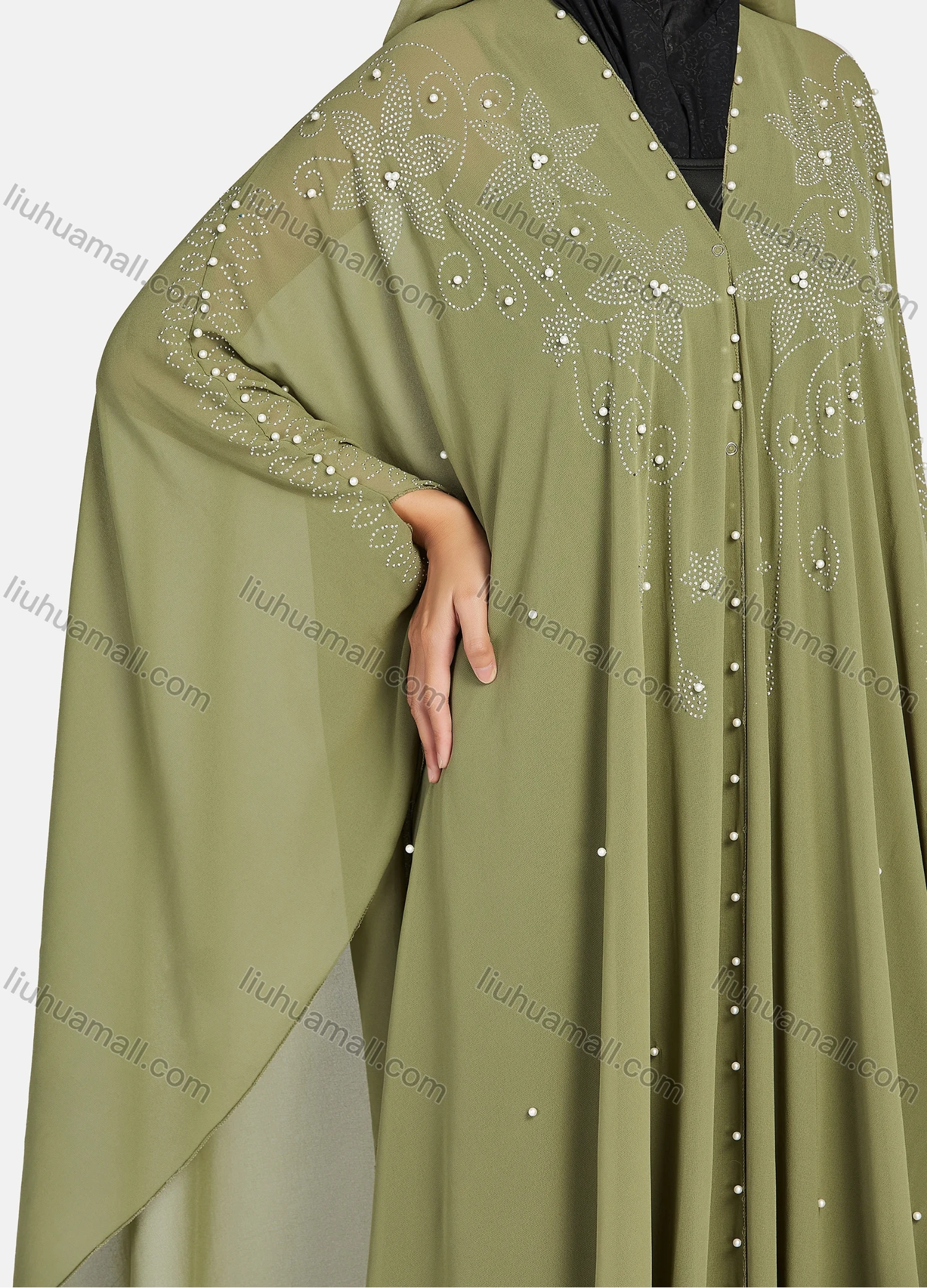 Wholesale Women's Modest Muslim Islamic Beaded Rhinestone Arabic Dubai Hooded Sheer Mesh Cover Up Kaftan Cloak - Liuhuamall
