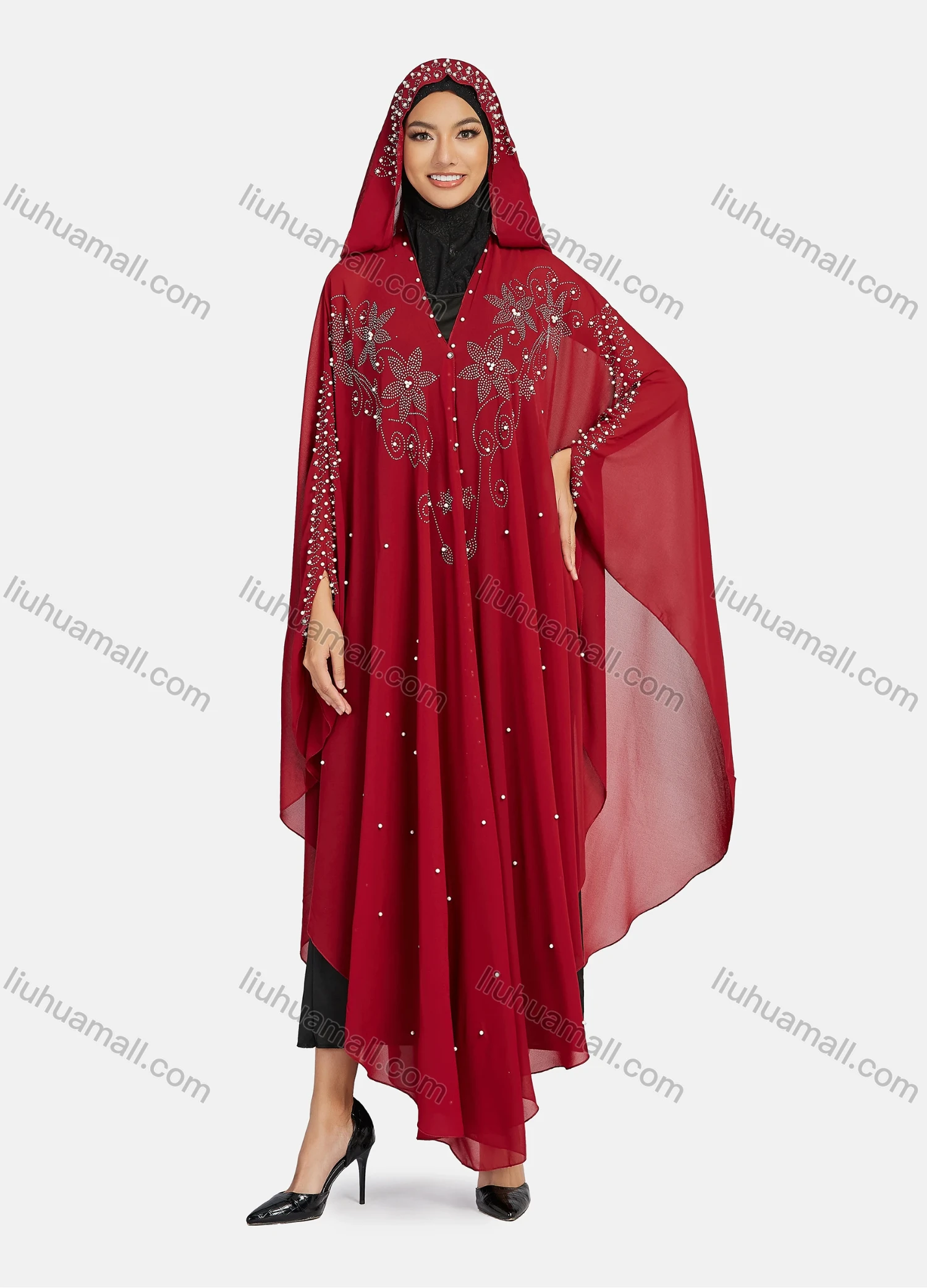 Wholesale Women's Modest Muslim Islamic Beaded Rhinestone Arabic Dubai Hooded Sheer Mesh Cover Up Kaftan Cloak - Liuhuamall
