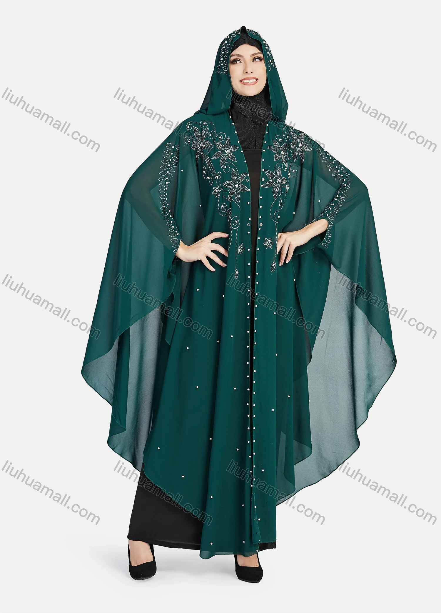 Wholesale Women's Modest Muslim Islamic Beaded Rhinestone Arabic Dubai Hooded Sheer Mesh Cover Up Kaftan Cloak - Liuhuamall