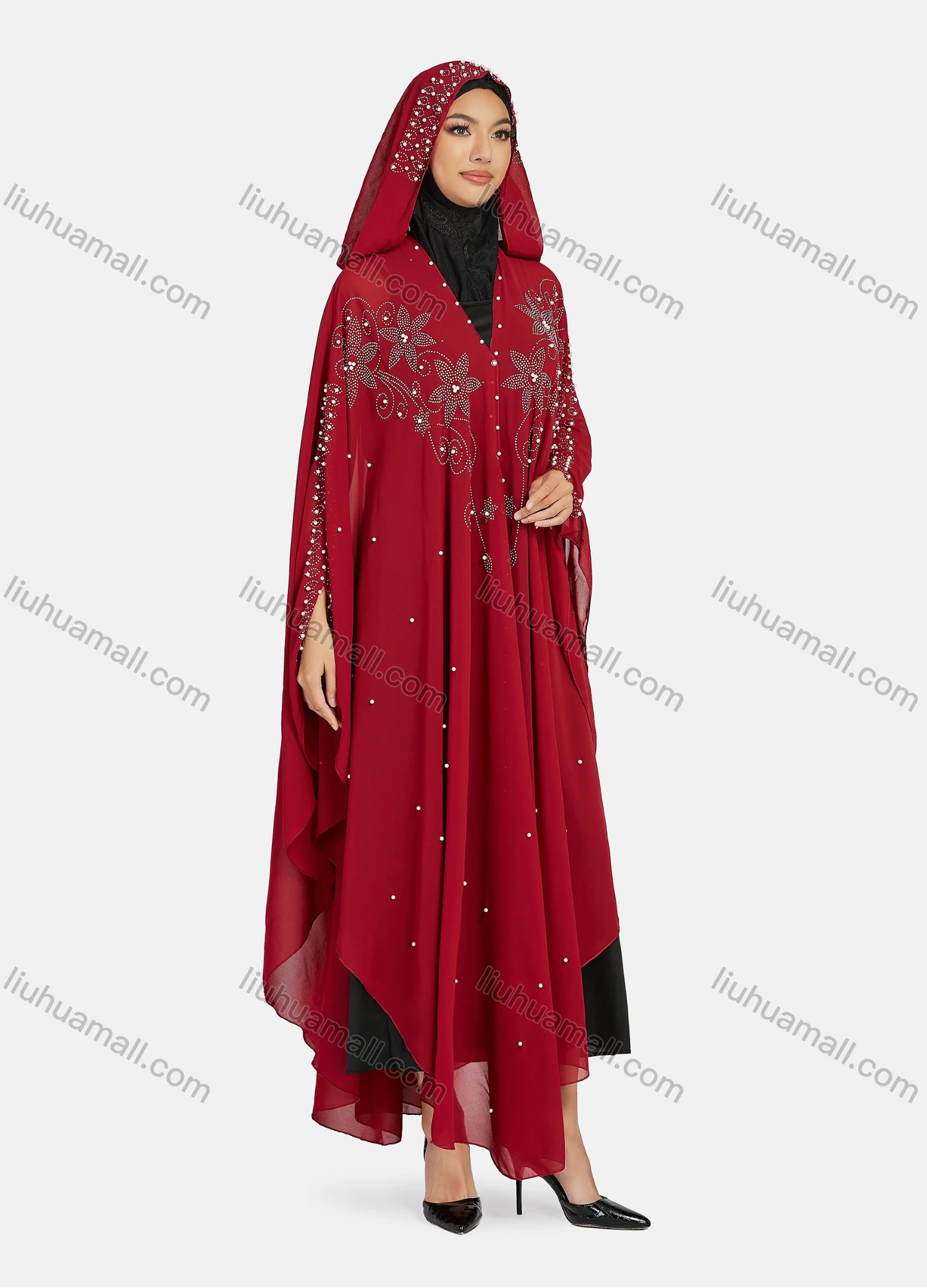 Wholesale Women's Modest Muslim Islamic Beaded Rhinestone Arabic Dubai Hooded Sheer Mesh Cover Up Kaftan Cloak - Liuhuamall