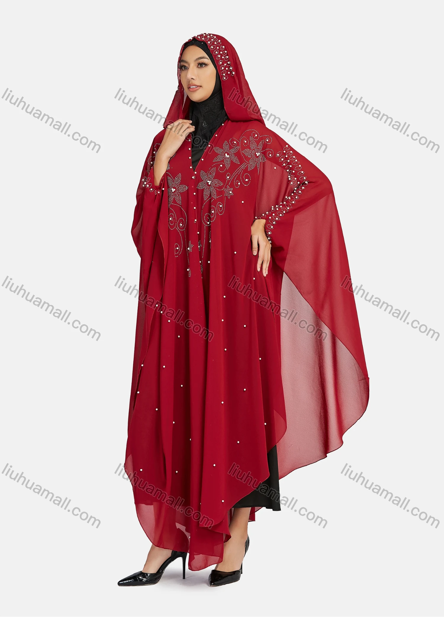 Wholesale Women's Modest Muslim Islamic Beaded Rhinestone Arabic Dubai Hooded Sheer Mesh Cover Up Kaftan Cloak - Liuhuamall