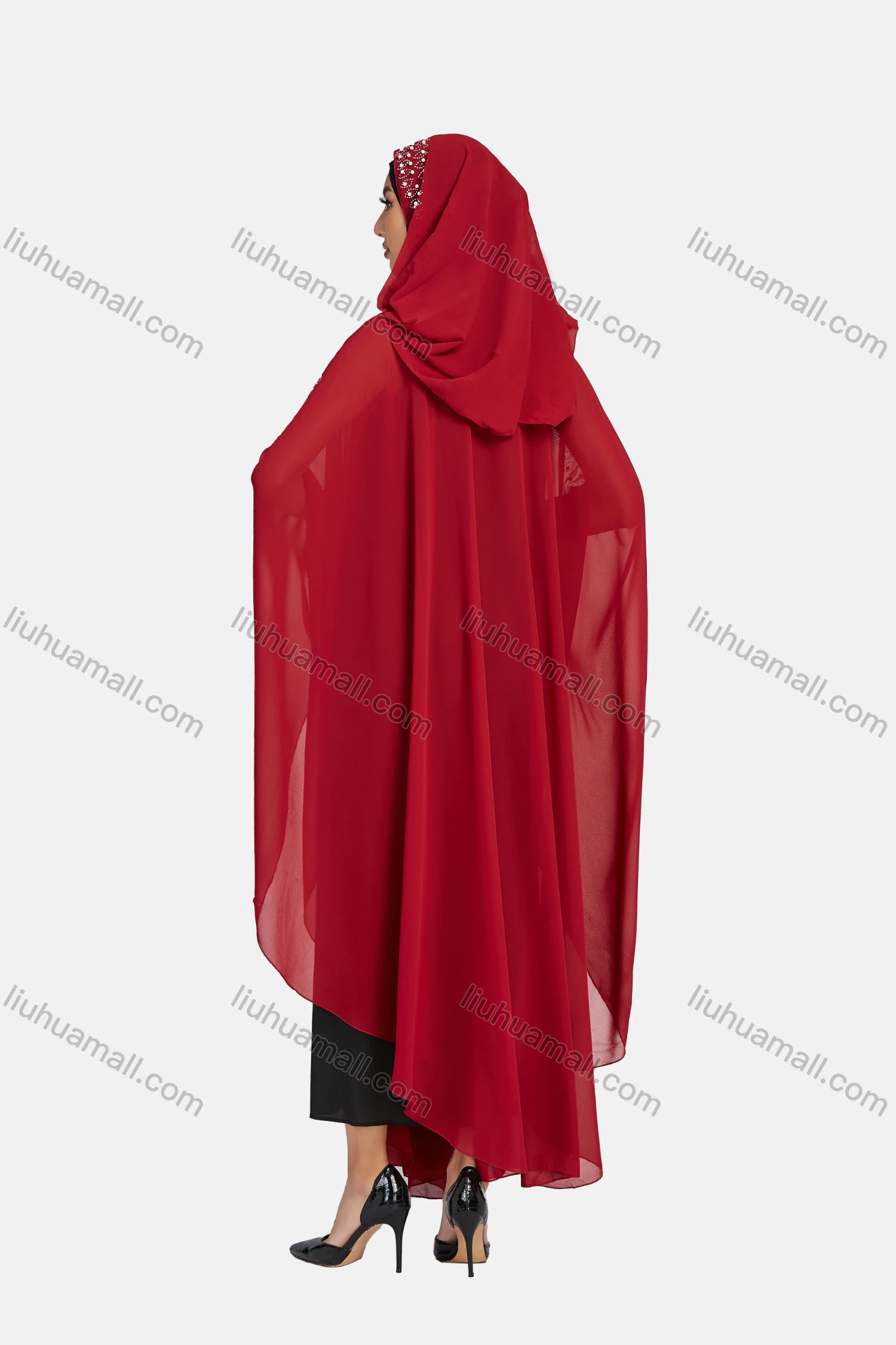 Wholesale Women's Modest Muslim Islamic Beaded Rhinestone Arabic Dubai Hooded Sheer Mesh Cover Up Kaftan Cloak - Liuhuamall