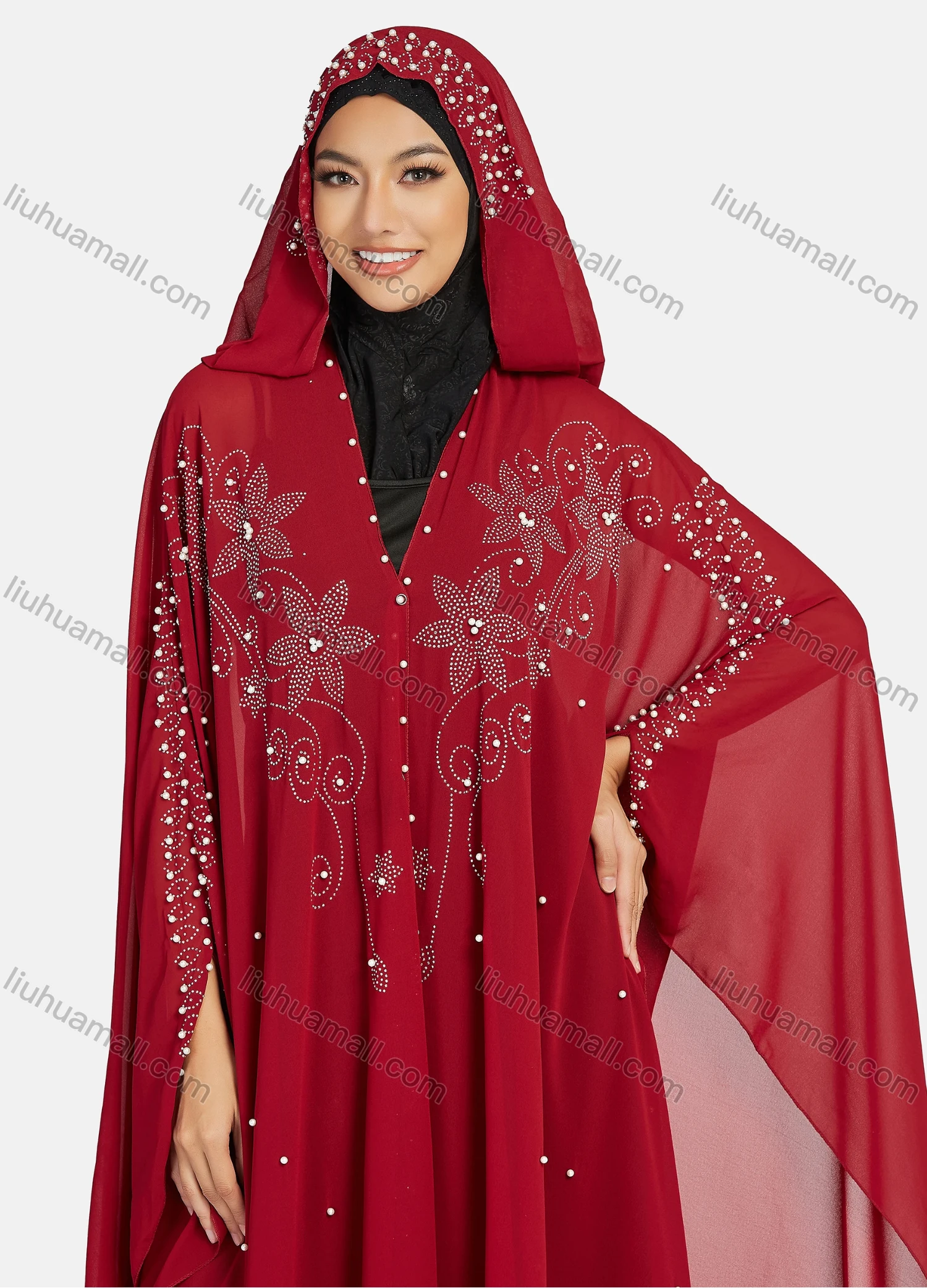 Wholesale Women's Modest Muslim Islamic Beaded Rhinestone Arabic Dubai Hooded Sheer Mesh Cover Up Kaftan Cloak - Liuhuamall