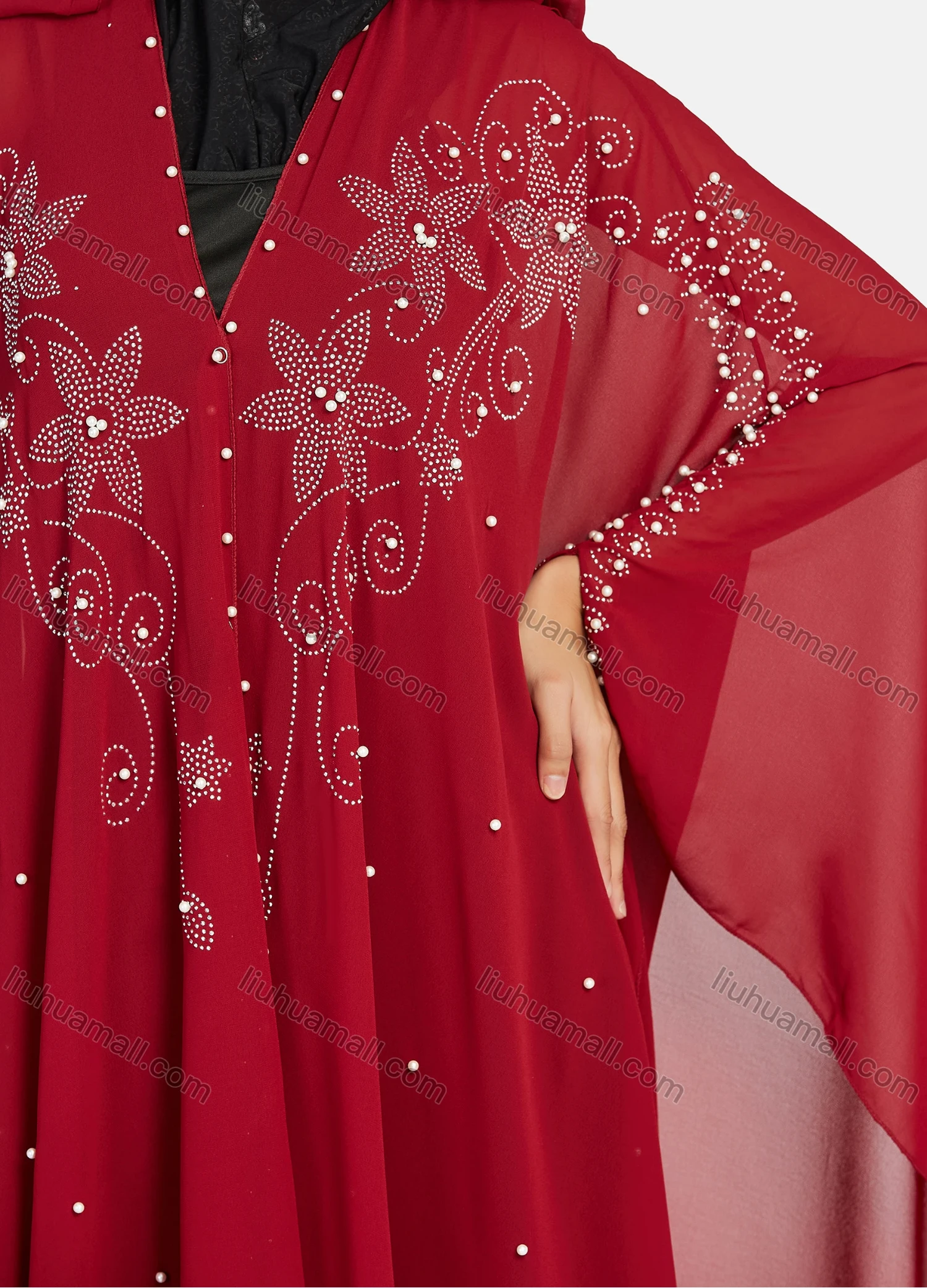 Wholesale Women's Modest Muslim Islamic Beaded Rhinestone Arabic Dubai Hooded Sheer Mesh Cover Up Kaftan Cloak - Liuhuamall