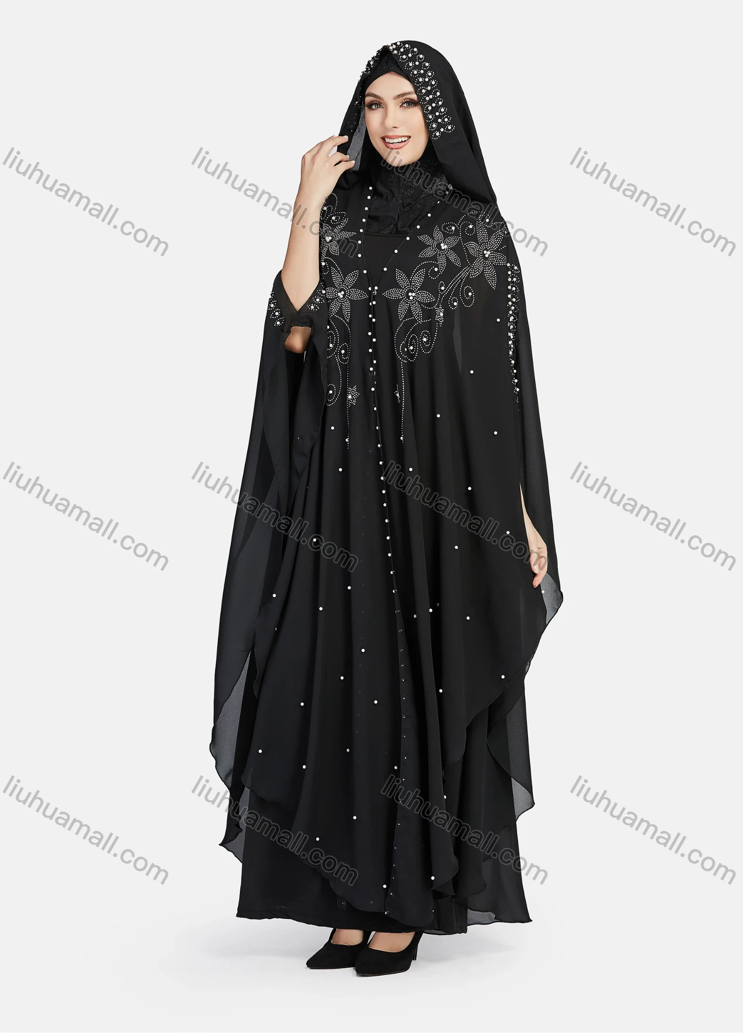 Wholesale Women's Modest Muslim Islamic Beaded Rhinestone Arabic Dubai Hooded Sheer Mesh Cover Up Kaftan Cloak - Liuhuamall
