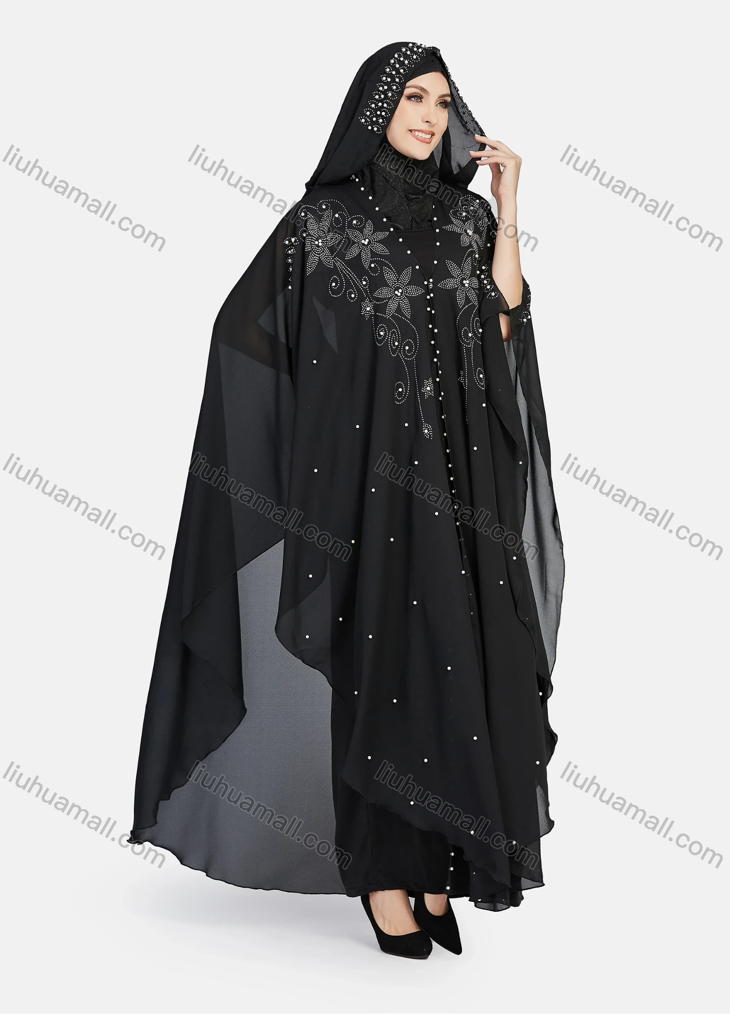 Wholesale Women's Modest Muslim Islamic Beaded Rhinestone Arabic Dubai Hooded Sheer Mesh Cover Up Kaftan Cloak - Liuhuamall