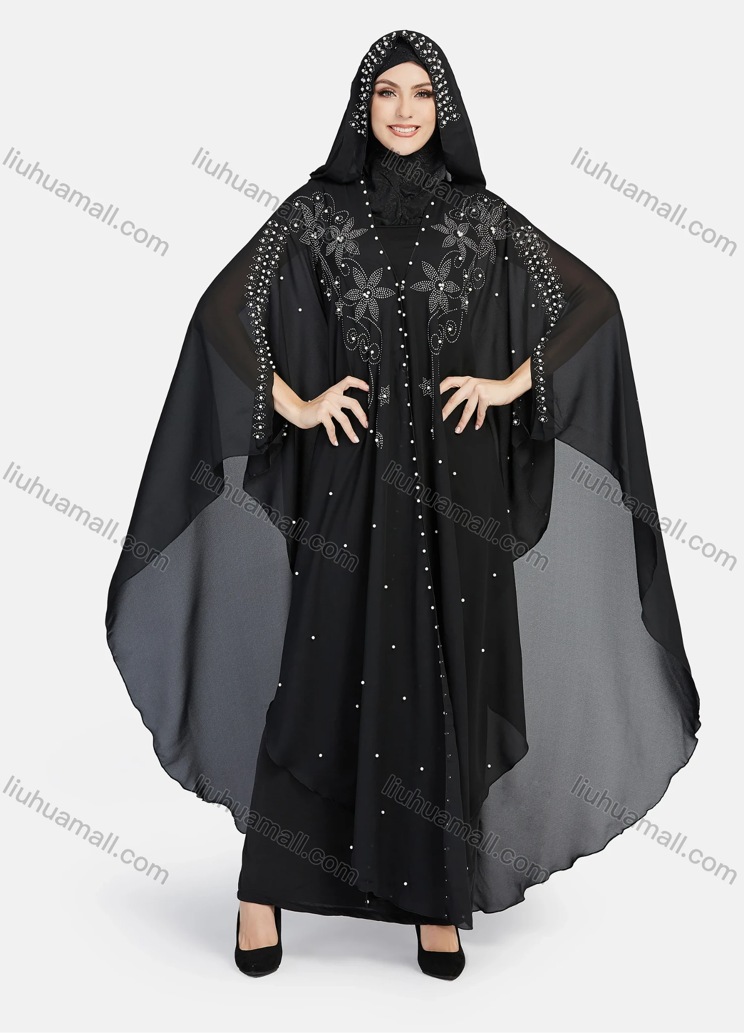 Wholesale Women's Modest Muslim Islamic Beaded Rhinestone Arabic Dubai Hooded Sheer Mesh Cover Up Kaftan Cloak - Liuhuamall