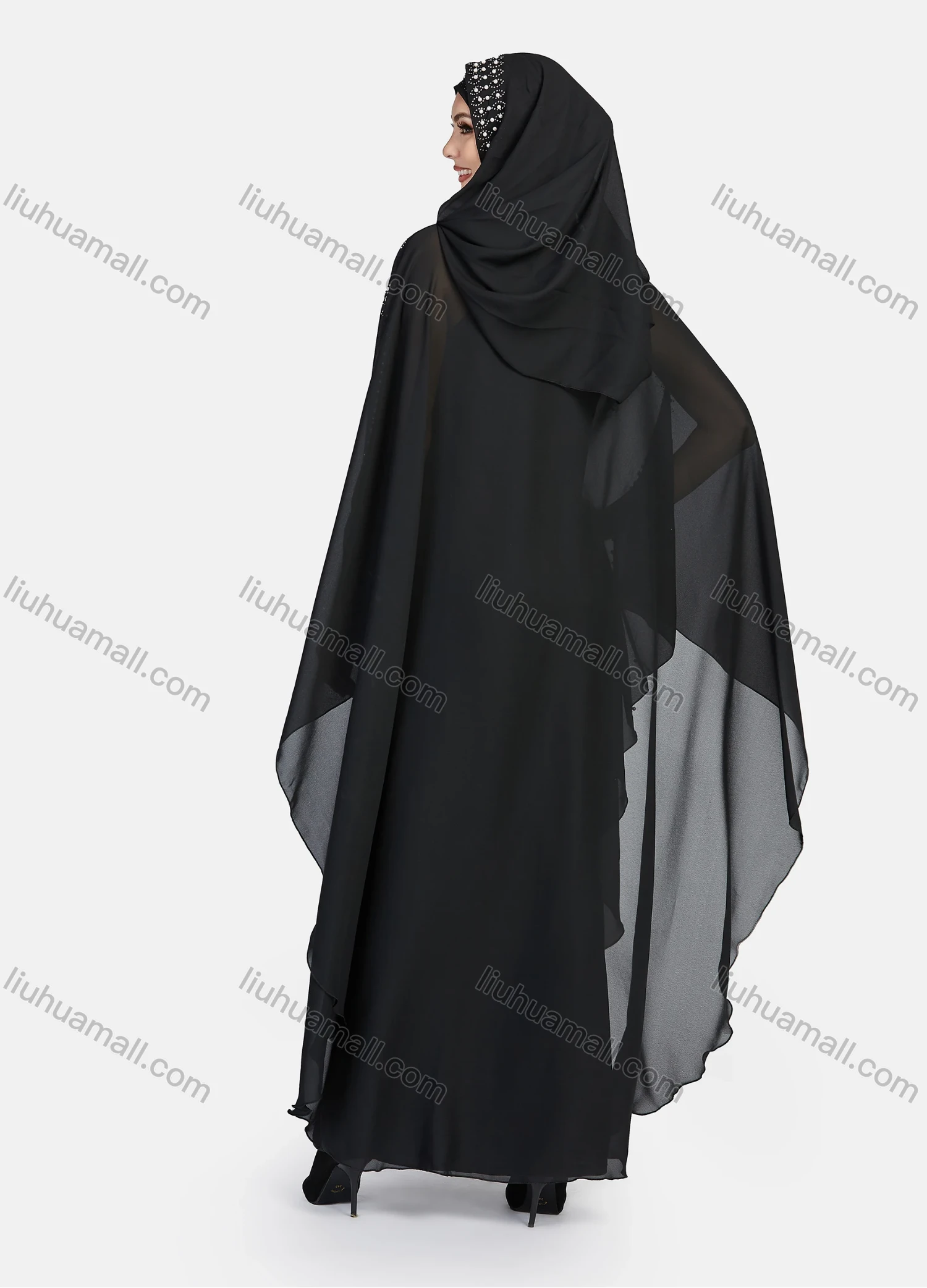Wholesale Women's Modest Muslim Islamic Beaded Rhinestone Arabic Dubai Hooded Sheer Mesh Cover Up Kaftan Cloak - Liuhuamall