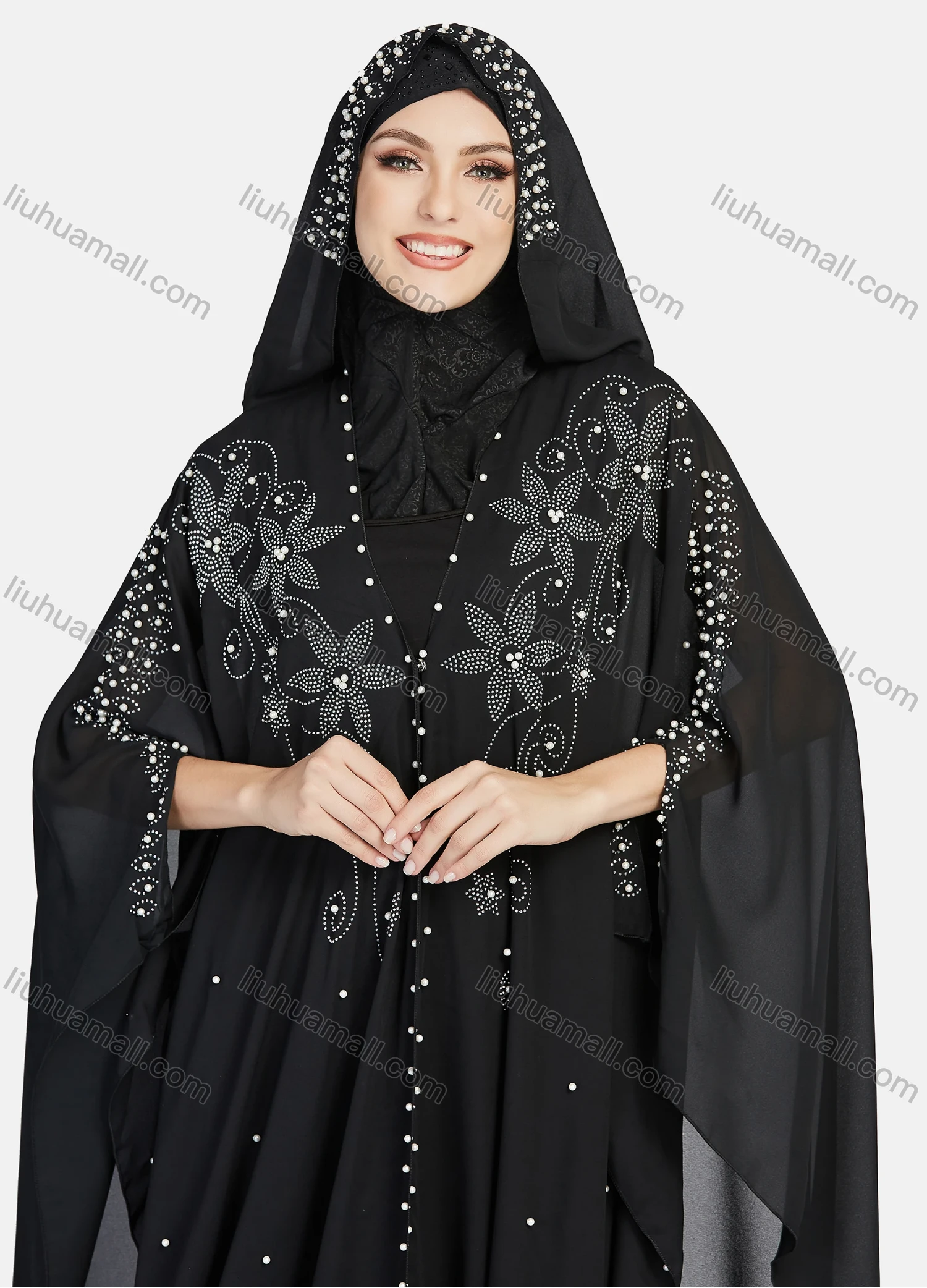 Wholesale Women's Modest Muslim Islamic Beaded Rhinestone Arabic Dubai Hooded Sheer Mesh Cover Up Kaftan Cloak - Liuhuamall