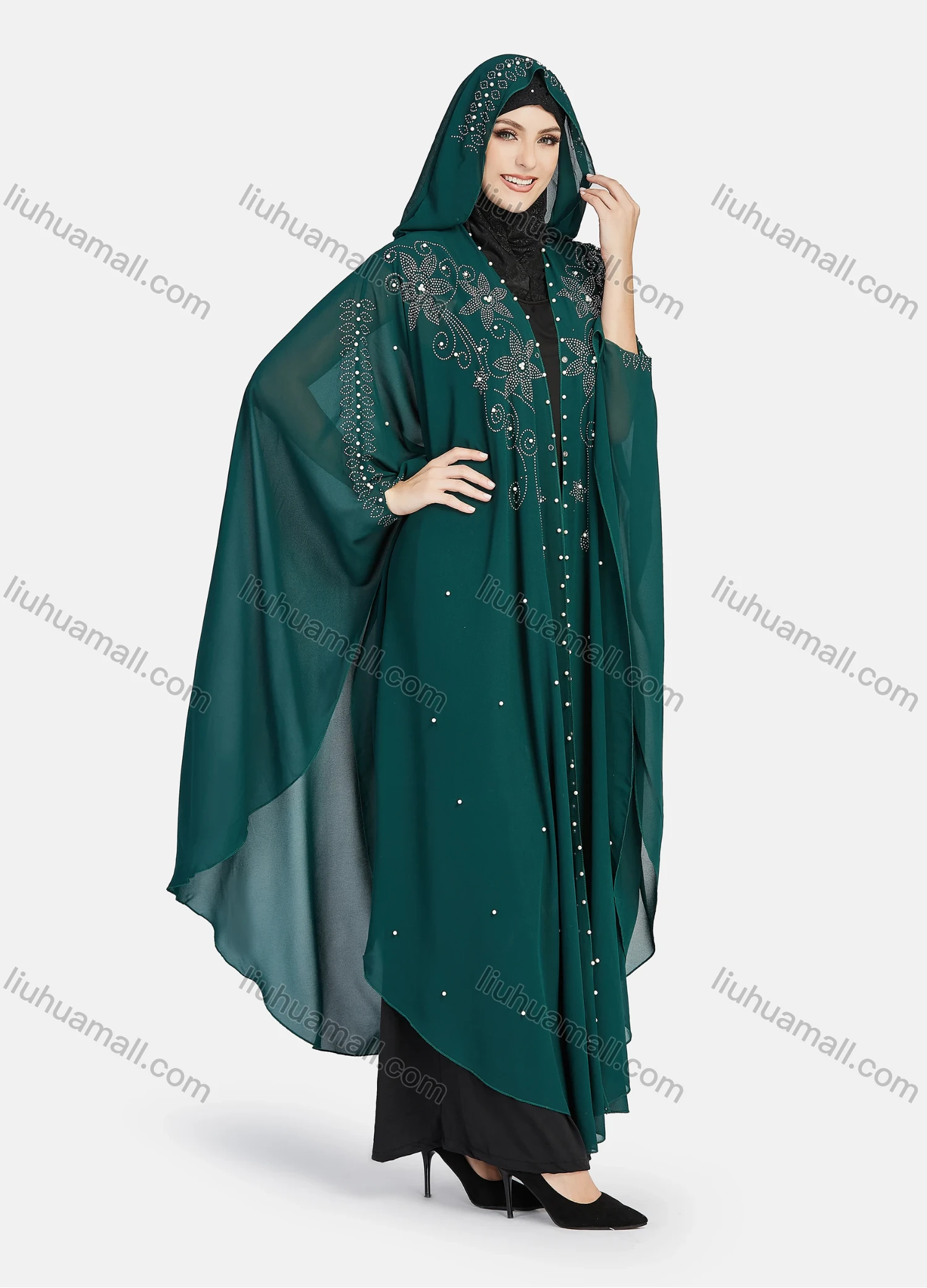 Wholesale Women's Modest Muslim Islamic Beaded Rhinestone Arabic Dubai Hooded Sheer Mesh Cover Up Kaftan Cloak - Liuhuamall