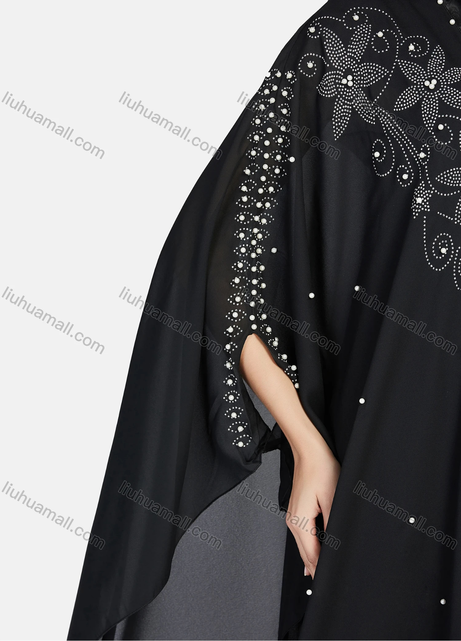 Wholesale Women's Modest Muslim Islamic Beaded Rhinestone Arabic Dubai Hooded Sheer Mesh Cover Up Kaftan Cloak - Liuhuamall