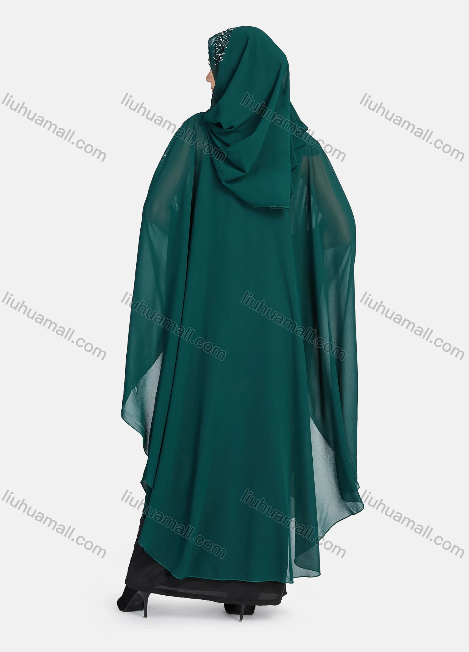 Wholesale Women's Modest Muslim Islamic Beaded Rhinestone Arabic Dubai Hooded Sheer Mesh Cover Up Kaftan Cloak - Liuhuamall