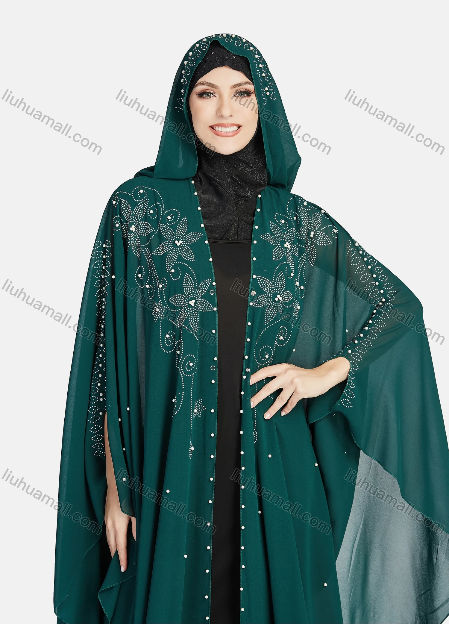 Wholesale Women's Modest Muslim Islamic Beaded Rhinestone Arabic Dubai Hooded Sheer Mesh Cover Up Kaftan Cloak - Liuhuamall