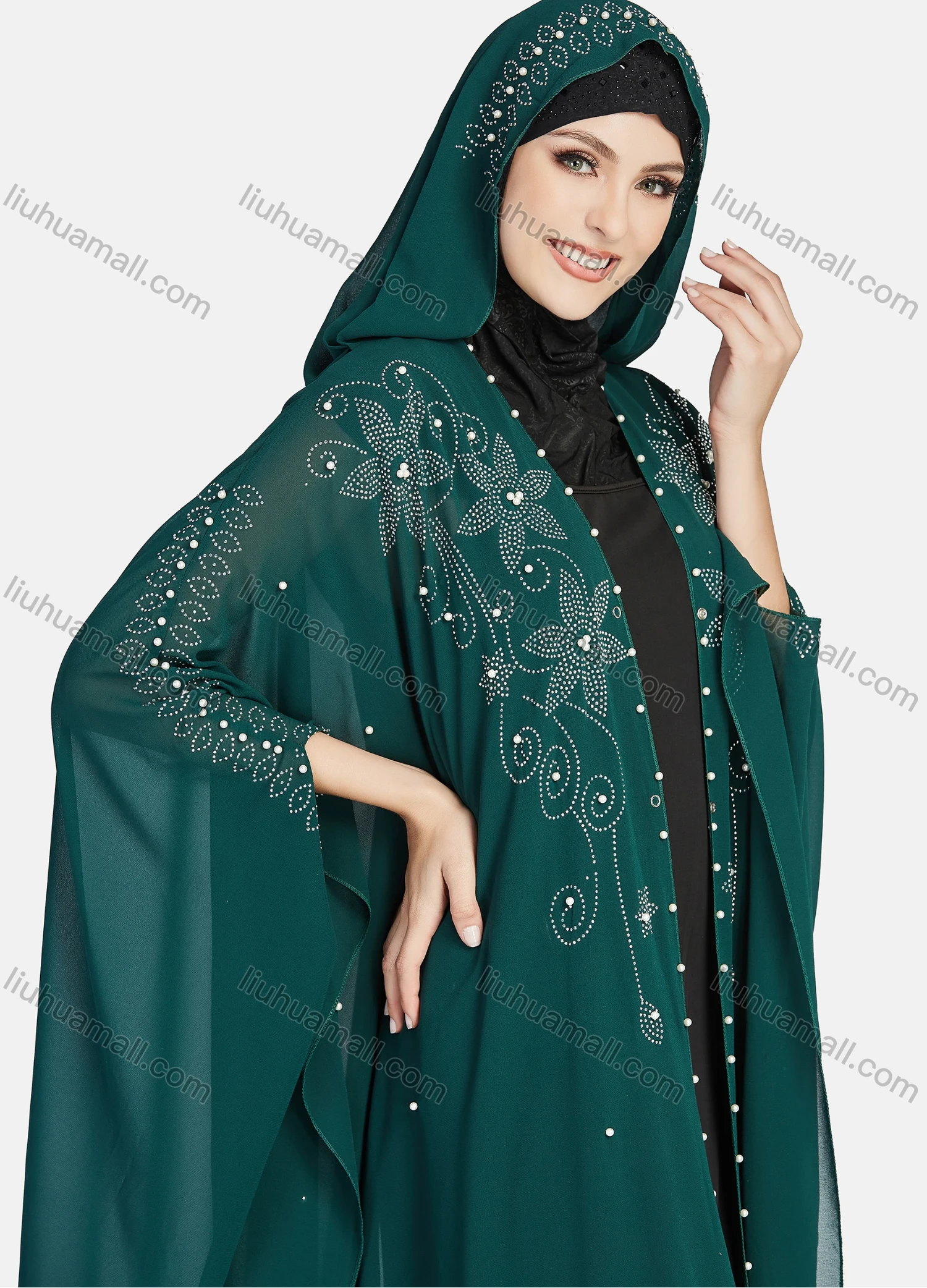 Wholesale Women's Modest Muslim Islamic Beaded Rhinestone Arabic Dubai Hooded Sheer Mesh Cover Up Kaftan Cloak - Liuhuamall