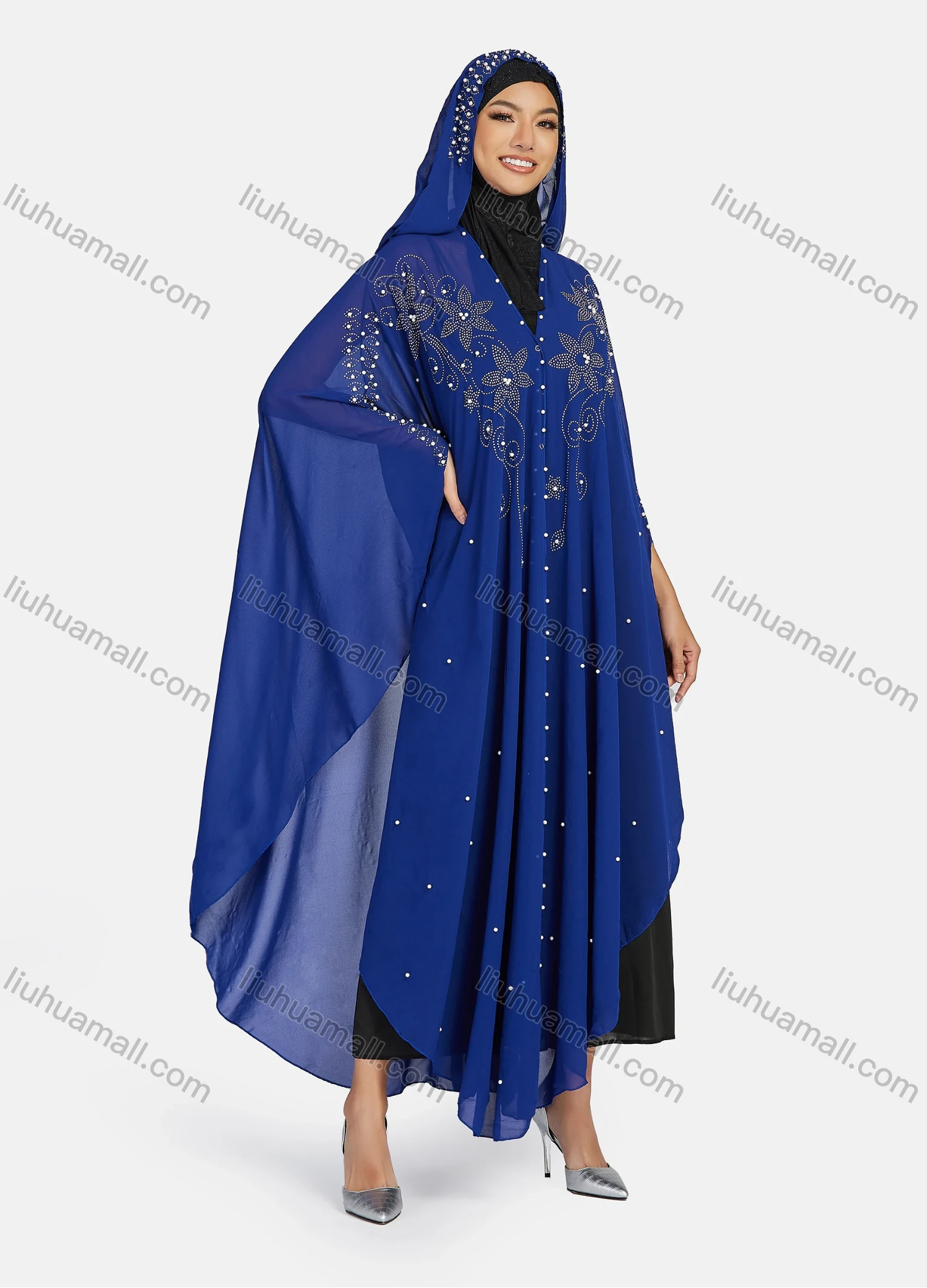 Wholesale Women's Modest Muslim Islamic Beaded Rhinestone Arabic Dubai Hooded Sheer Mesh Cover Up Kaftan Cloak - Liuhuamall