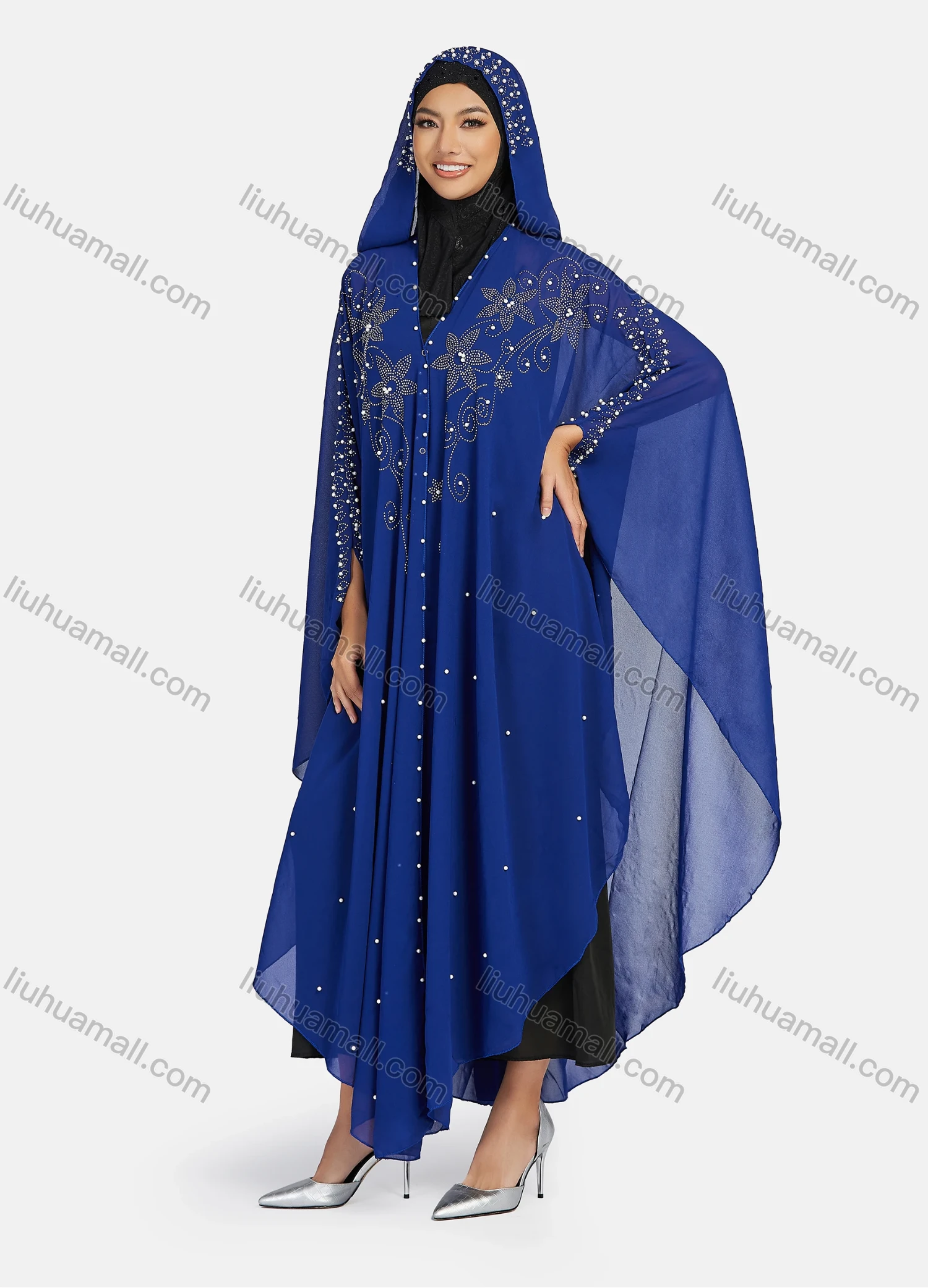Wholesale Women's Modest Muslim Islamic Beaded Rhinestone Arabic Dubai Hooded Sheer Mesh Cover Up Kaftan Cloak - Liuhuamall