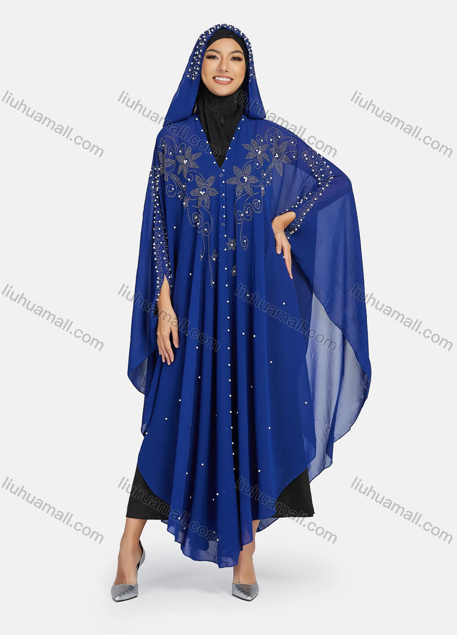 Wholesale Women's Modest Muslim Islamic Beaded Rhinestone Arabic Dubai Hooded Sheer Mesh Cover Up Kaftan Cloak - Liuhuamall