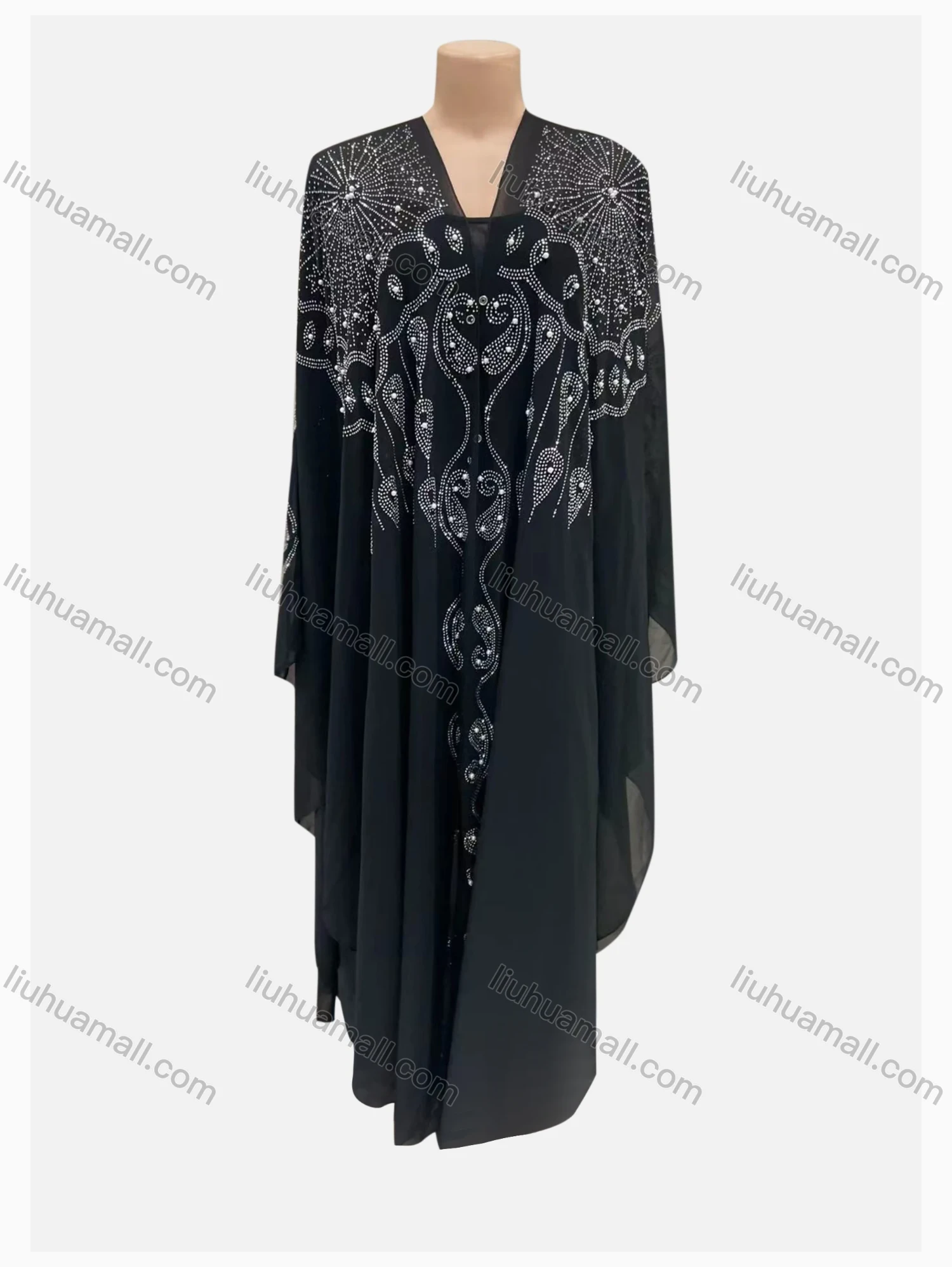 Wholesale Women's Muslim Islamic Glamorous Folk Art Beaded Arabic Dubai Rhinestone Cover Up Kaftan Dress - Liuhuamall