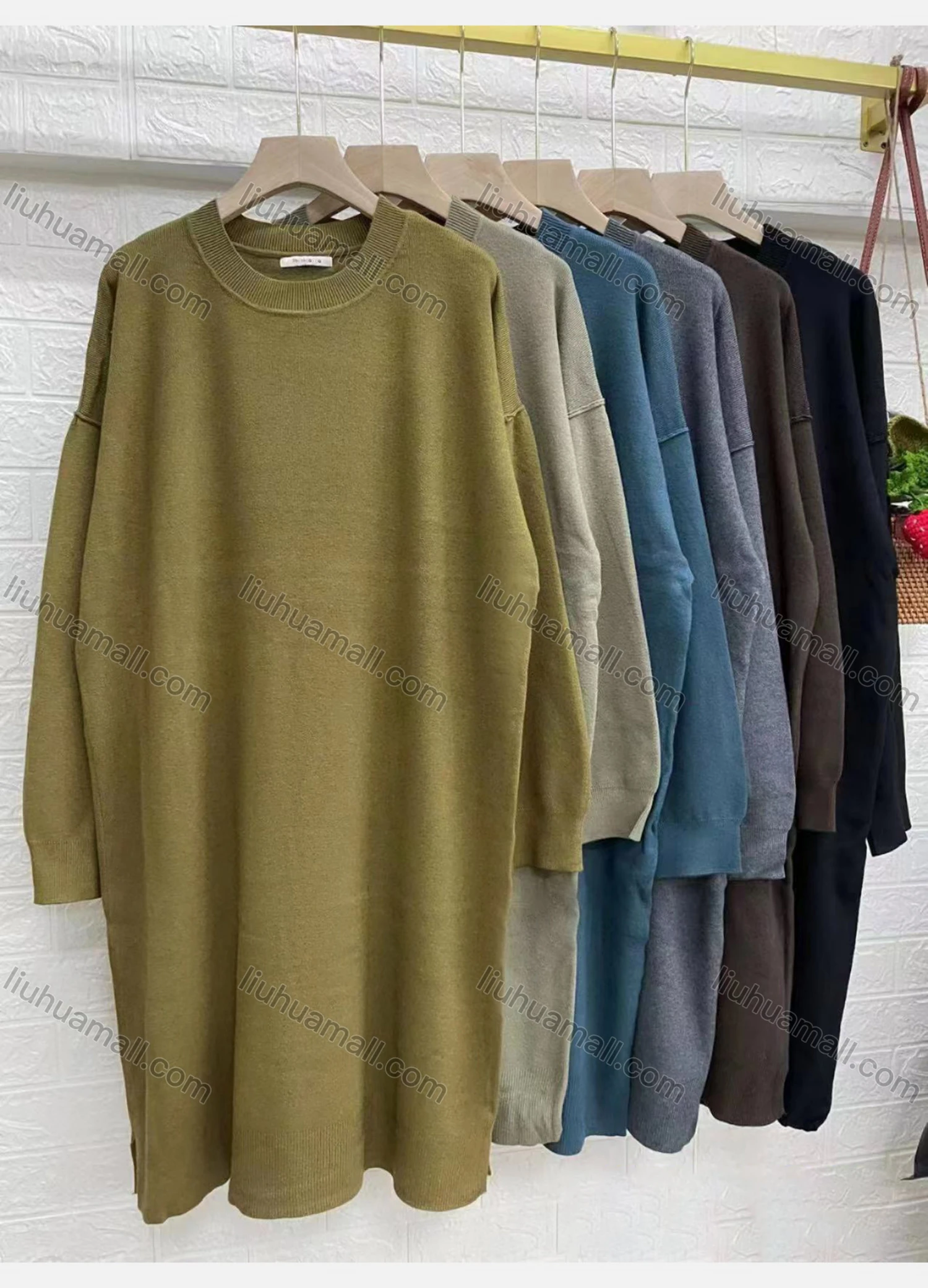 Wholesale Women's Casual Plain Crew Neck Long Sleeve Dress - Liuhuamall