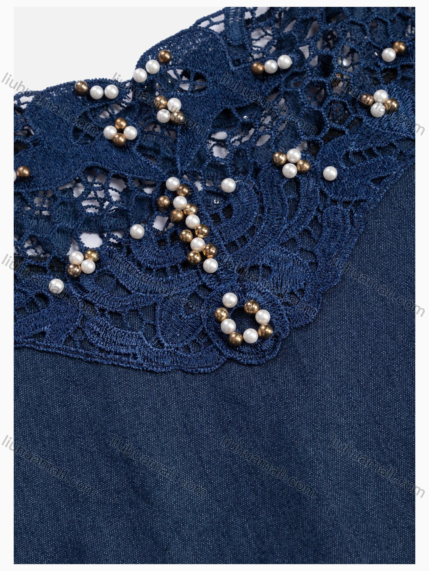 Wholesale Women's Casual V Neck Short Sleeve Hollow Out Embroidered Denim Dress - Liuhuamall
