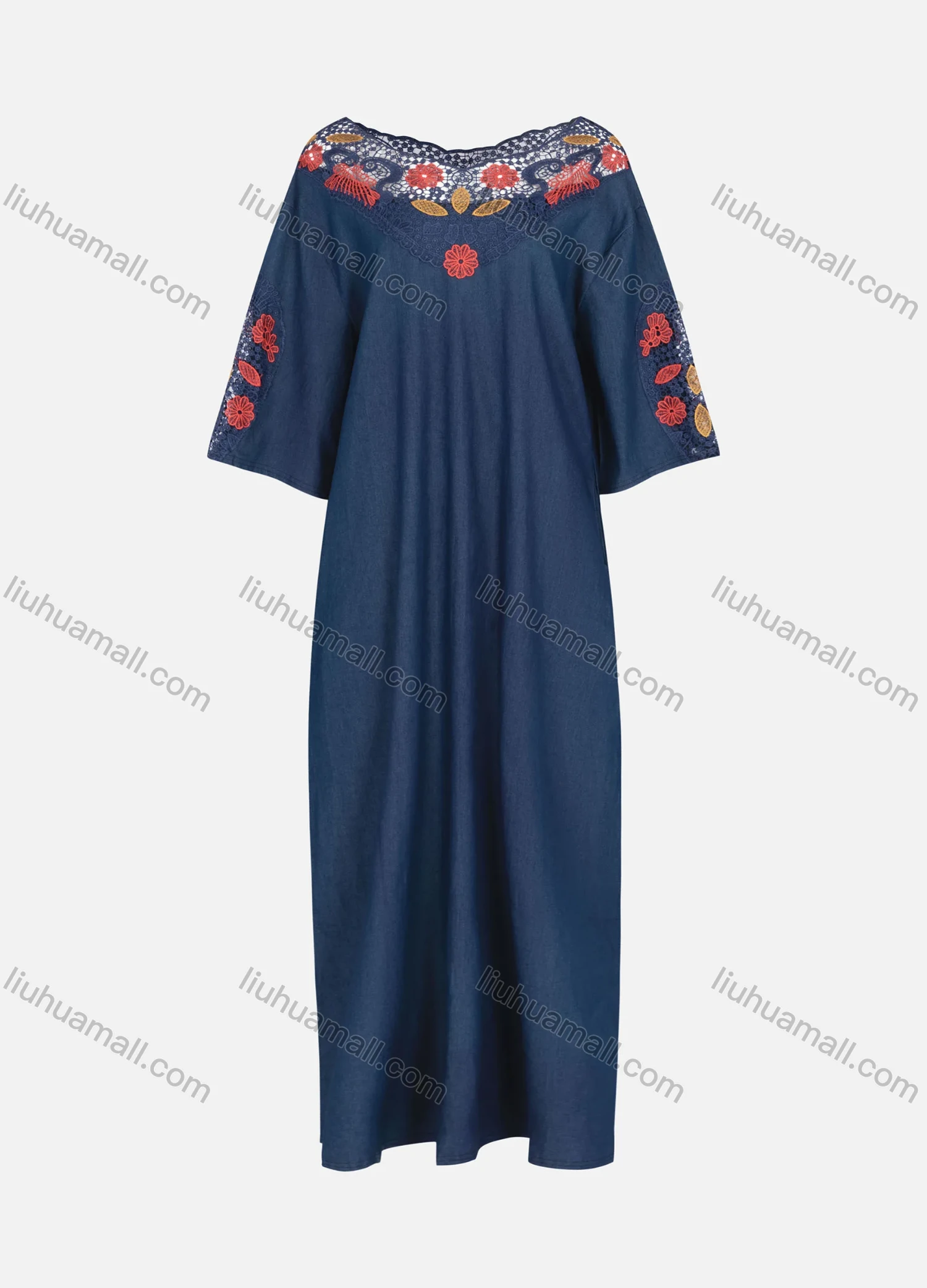 Wholesale Women's Casual V Neck Short Sleeve Hollow Out Embroidered Denim Dress - Liuhuamall