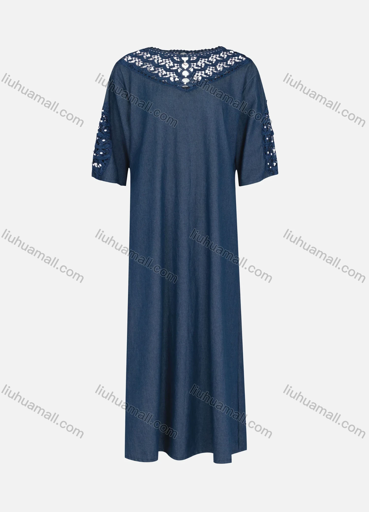 Wholesale Women's Casual Crew Neck Short Sleeve Hollow Out Embroidered Pearl Denim Dress - Liuhuamall