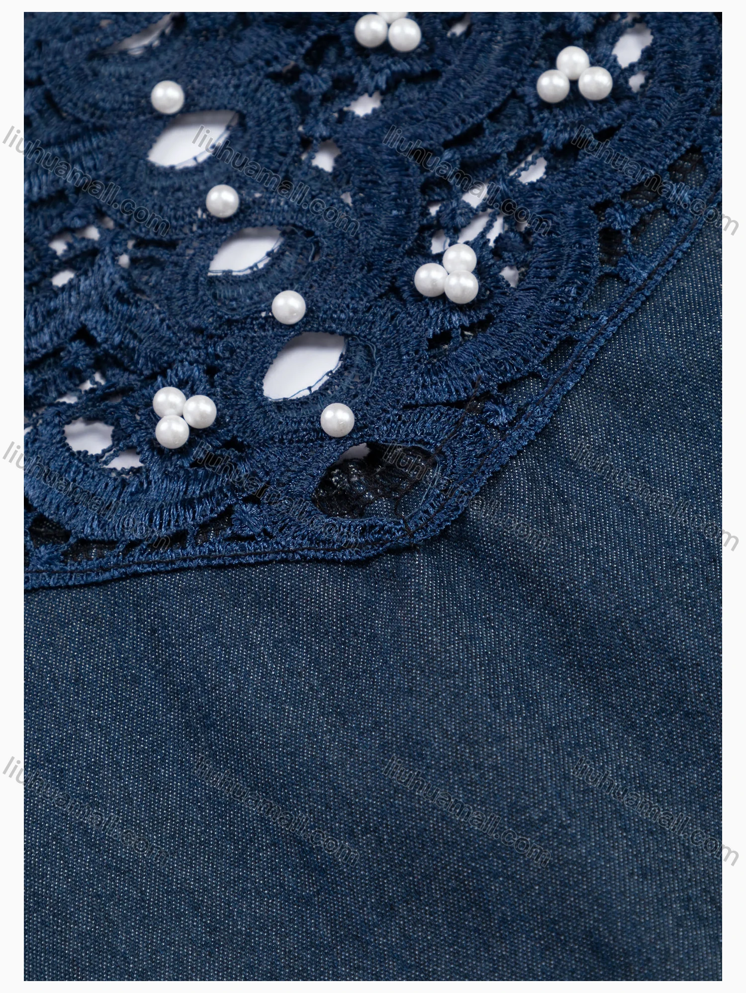 Wholesale Women's Casual Crew Neck Short Sleeve Hollow Out Embroidered Pearl Denim Dress - Liuhuamall