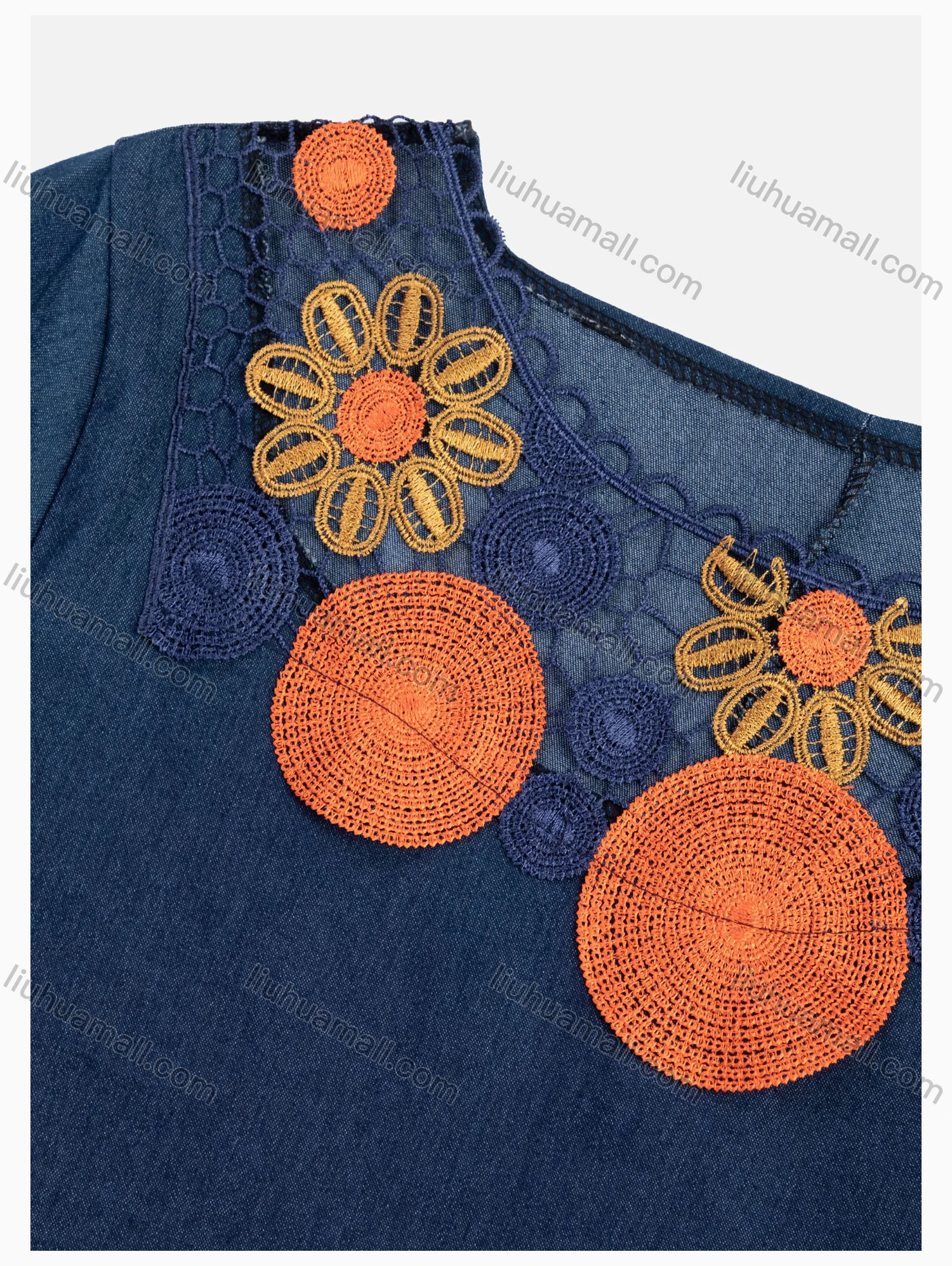 Wholesale Women's Casual Crew Neck Short Sleeve Hollow Out Embroidered Denim Dress - Liuhuamall