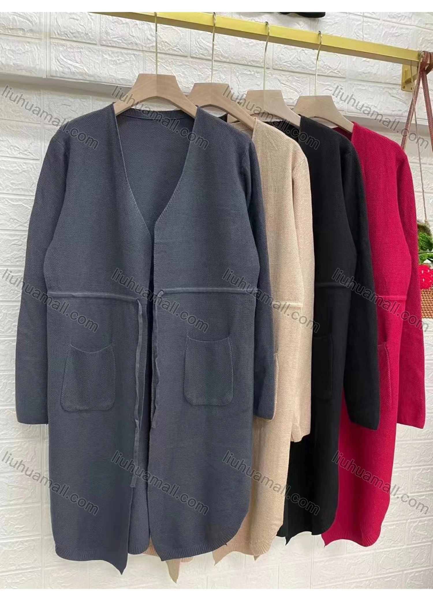 Wholesale Women's Casual Plain Patch Pockets Lace Up Cardigan - Liuhuamall