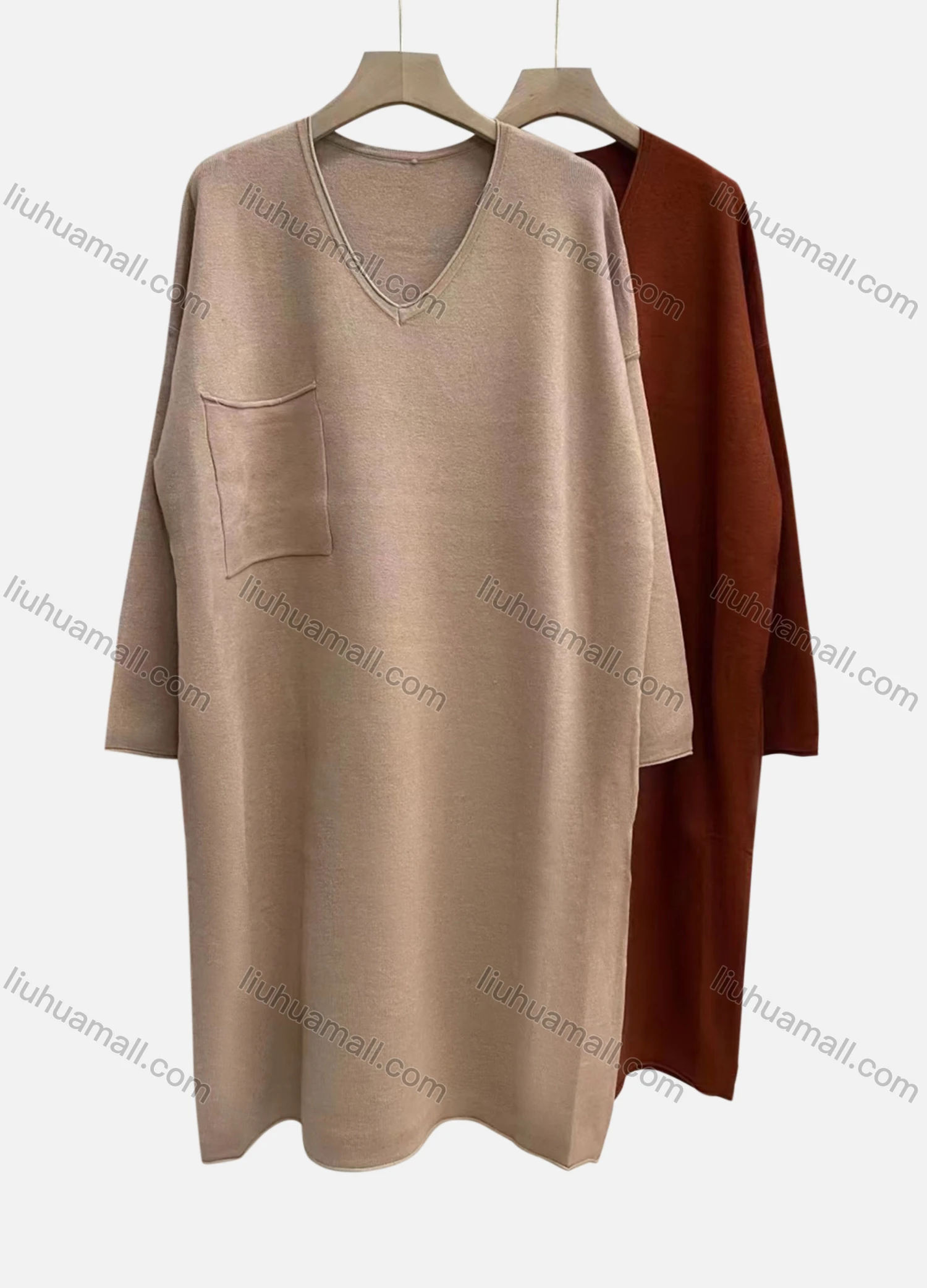 Wholesale Women's Casual Plain V Neck Long Sleeve Patch Pocket Dress - Liuhuamall