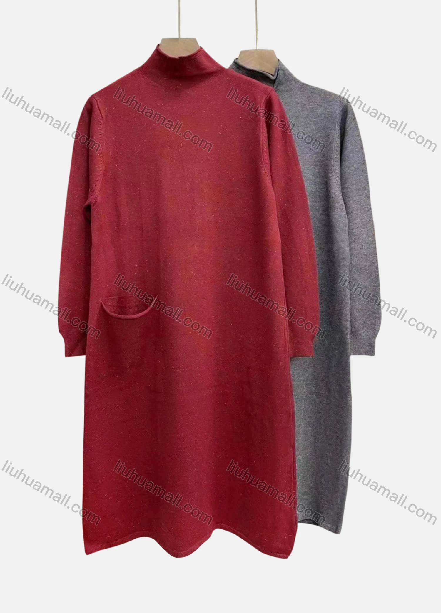 Wholesale Women's Casual Plain Mock Neck Patch Pockets Dress - Liuhuamall