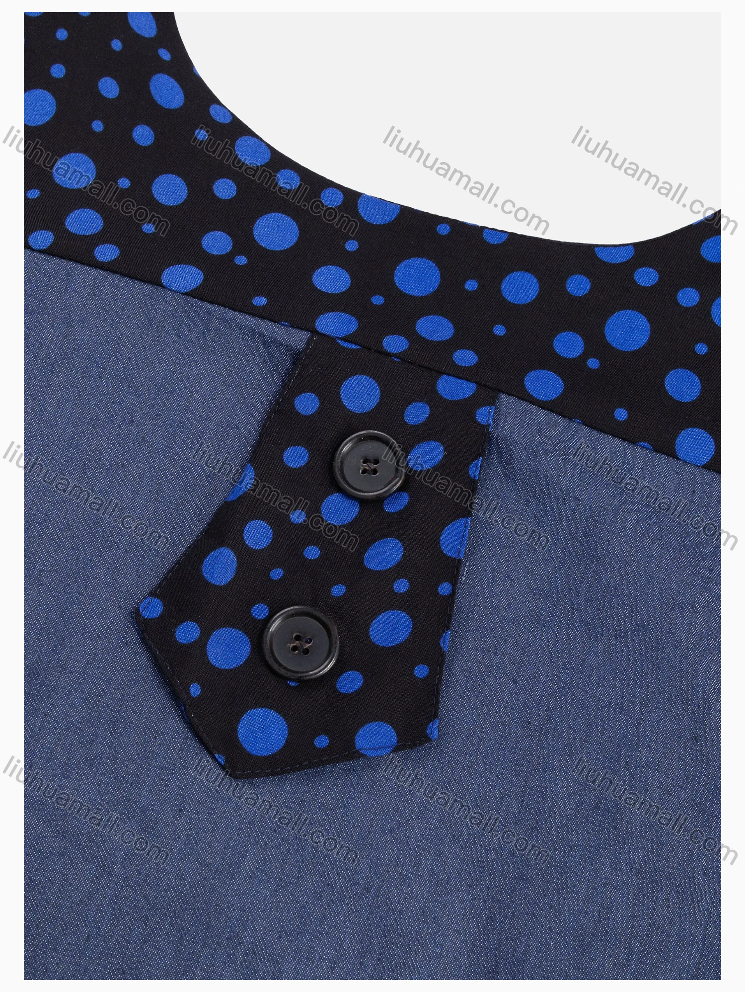 Wholesale Women's Casual Square Neck Pin Dot Patchwork Bell Sleeve Button Decor Denim Dress With Scarf - Liuhuamall