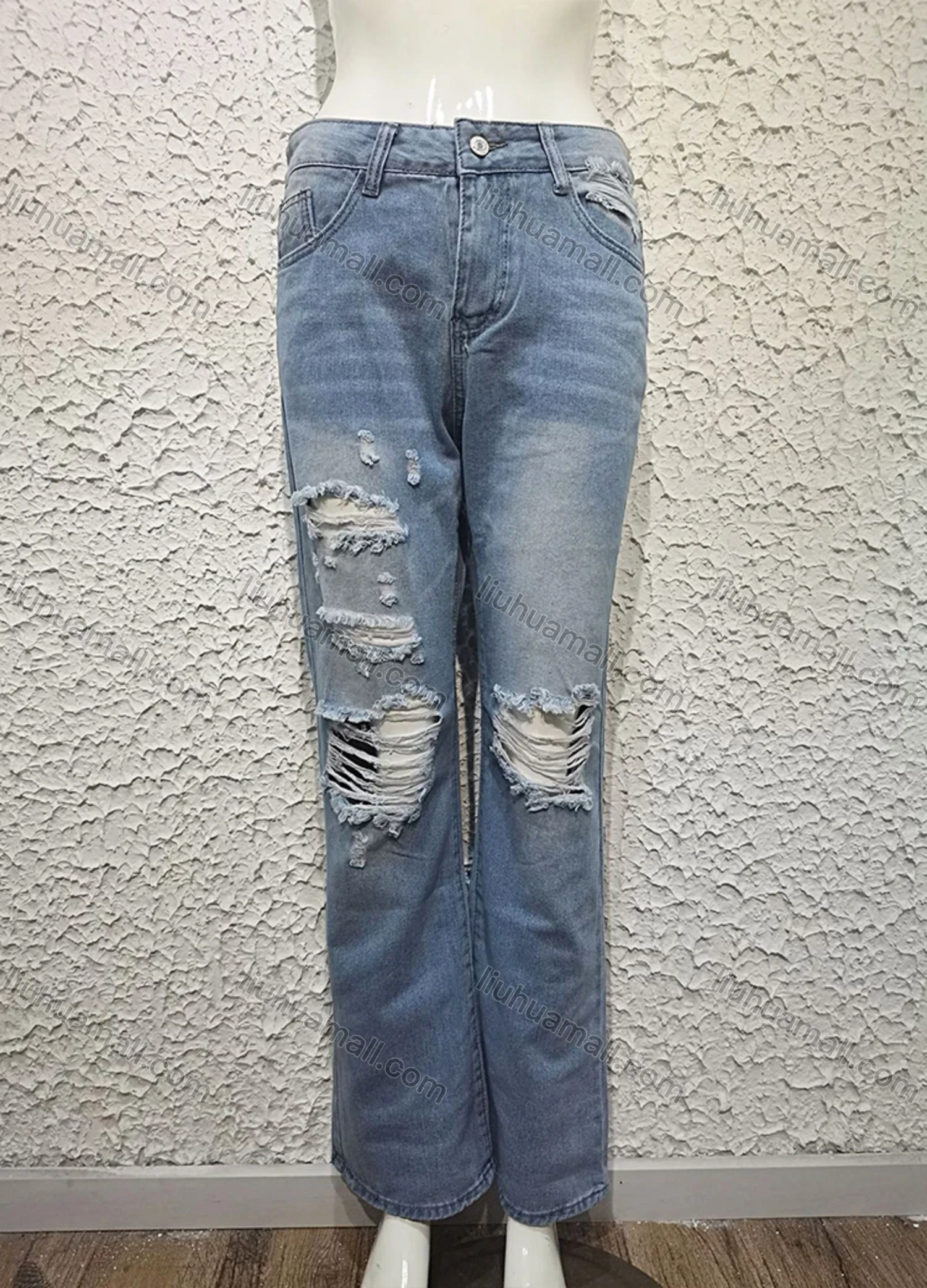 Wholesale Women's Casual Ripped Fray Raw Wide Leg Jean - Liuhuamall