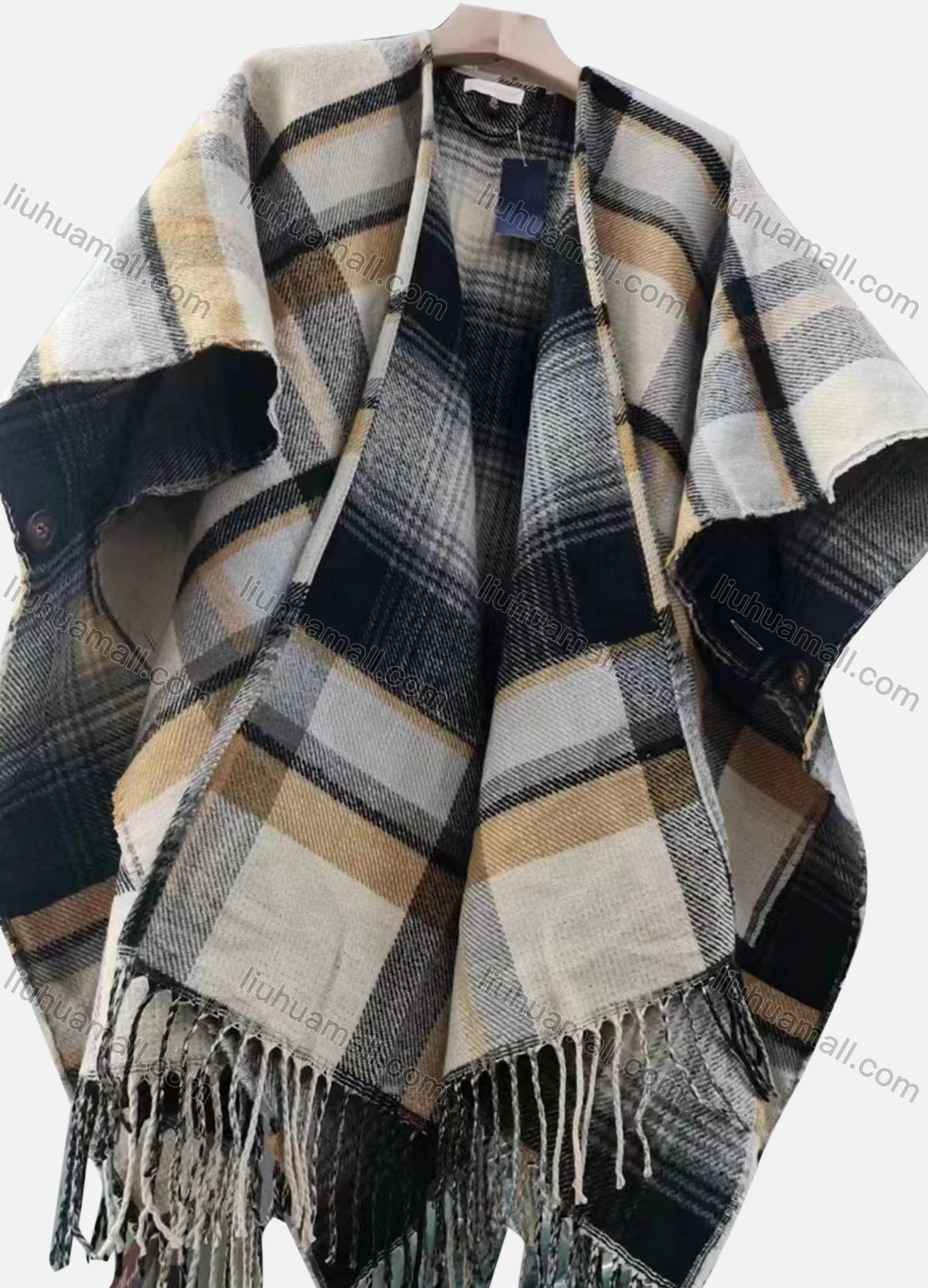 Wholesale Women's Casual Bat Sleeve Plaid Print Scarf Hem Cape - Liuhuamall