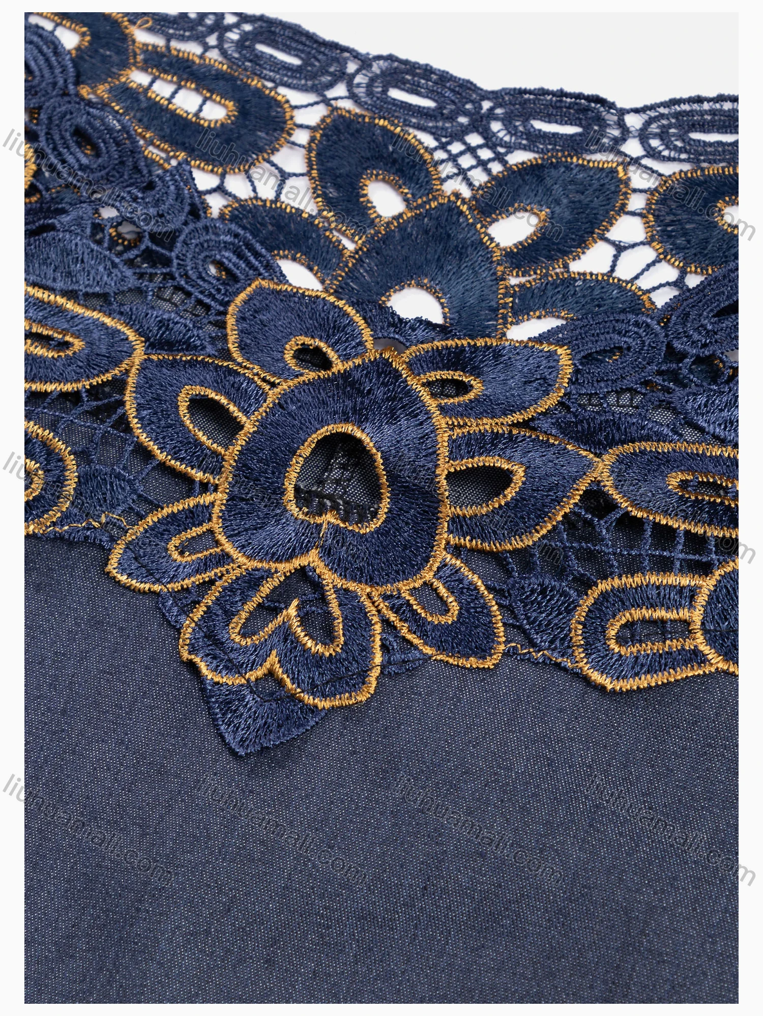 Wholesale Women's Casual Crew Neck Short Sleeve Hollow Out Embroidered Pearl Denim Dress - Liuhuamall