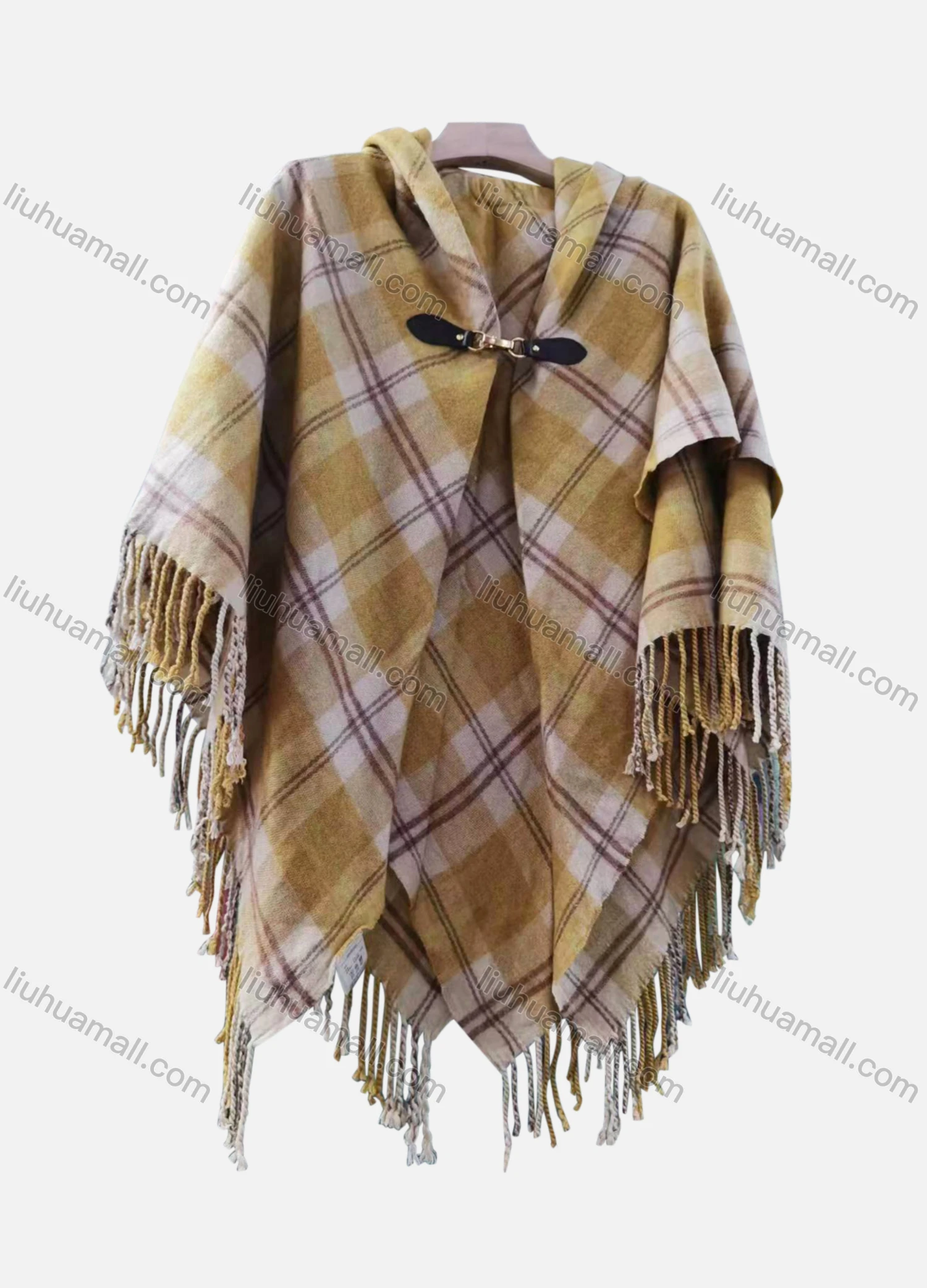 Wholesale Women's Casual Bat Sleeve Plaid Print Scarf Hem Buckle Cape - Liuhuamall