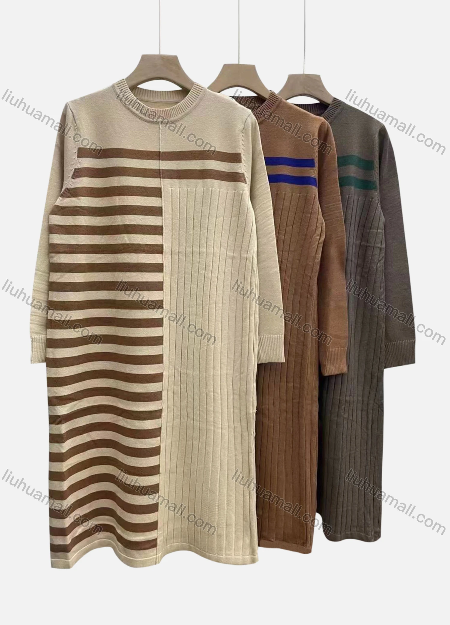 Wholesale Women's Casual Crew Neck Long Sleeve Striped Dress - Liuhuamall