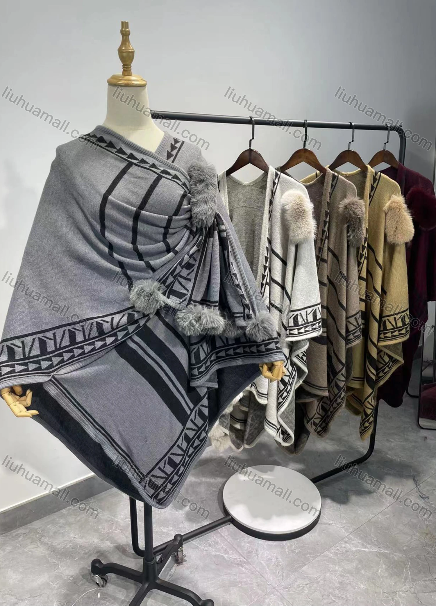 Wholesale Women's Causal Fashion Striped Fuzzy Cape - Liuhuamall