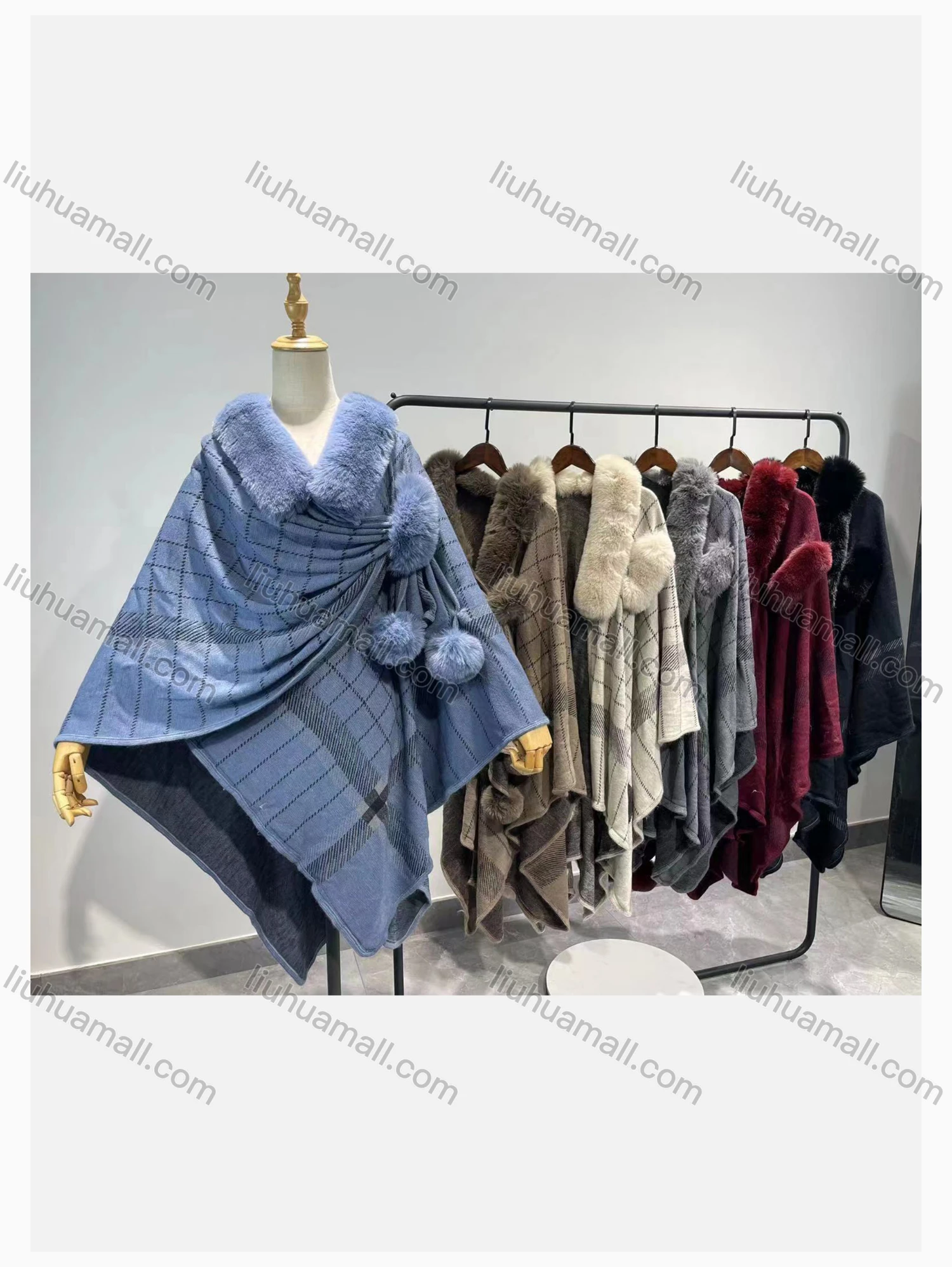 Wholesale Women's Causal Fashion Striped Fuzzy Cape - Liuhuamall