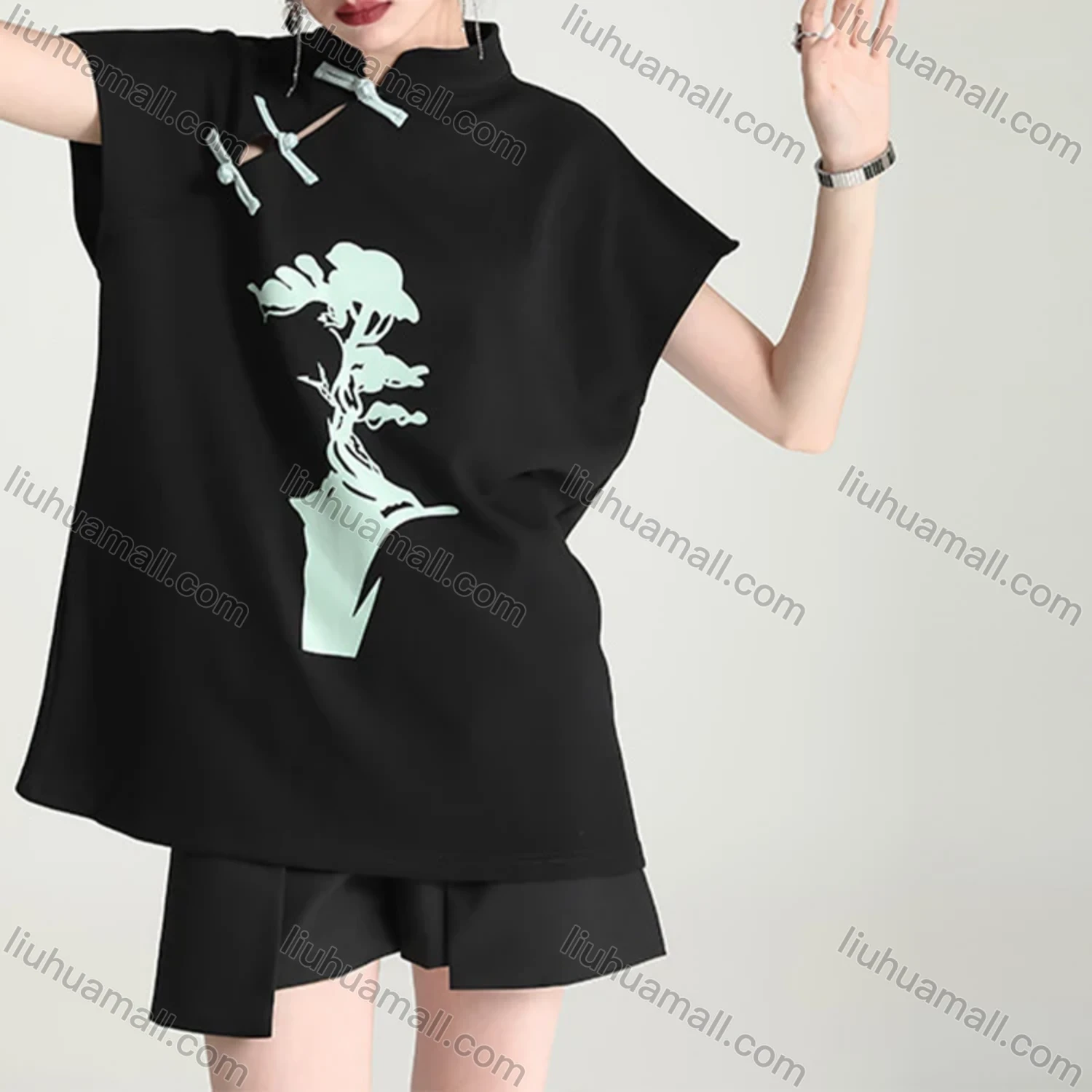 Wholesale Women's Casual Floral Print Buckle Tee - Liuhuamall