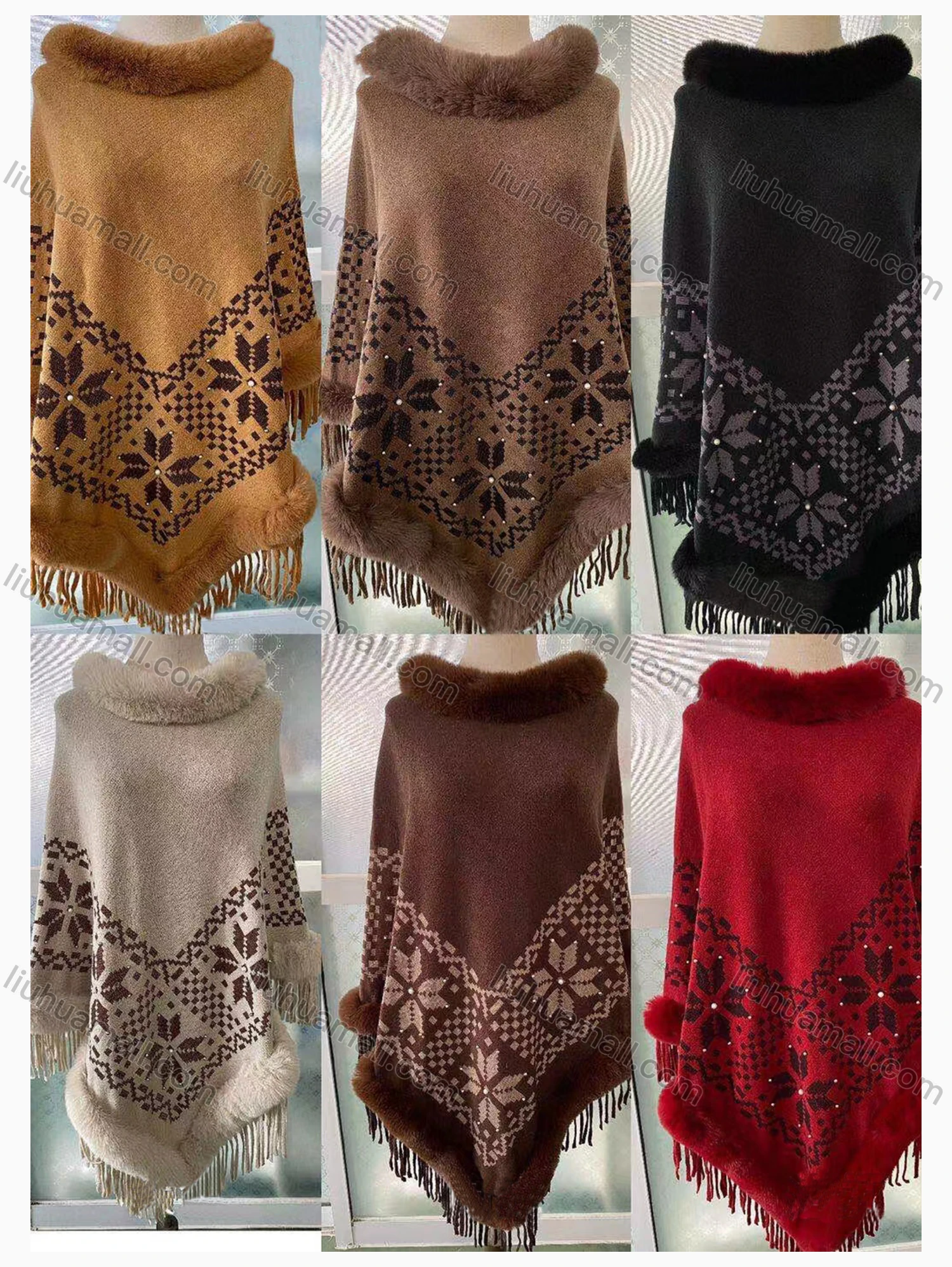 Wholesale Women's Causal Fashion Allover Print Tassel Fuzzy Cape - Liuhuamall