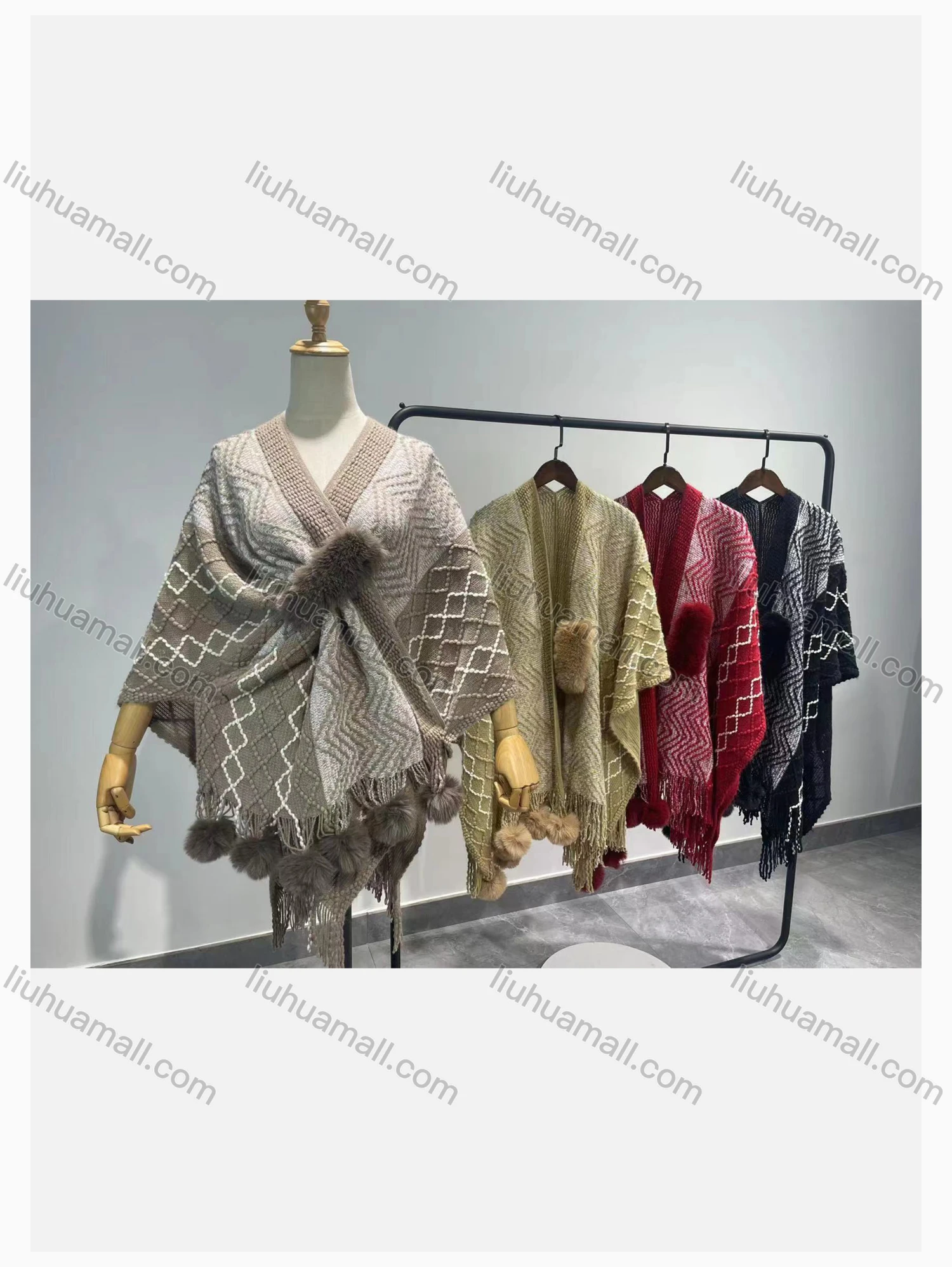 Wholesale Women's Causal Fashion Plain Tassel Knitted Fuzzy Cape - Liuhuamall