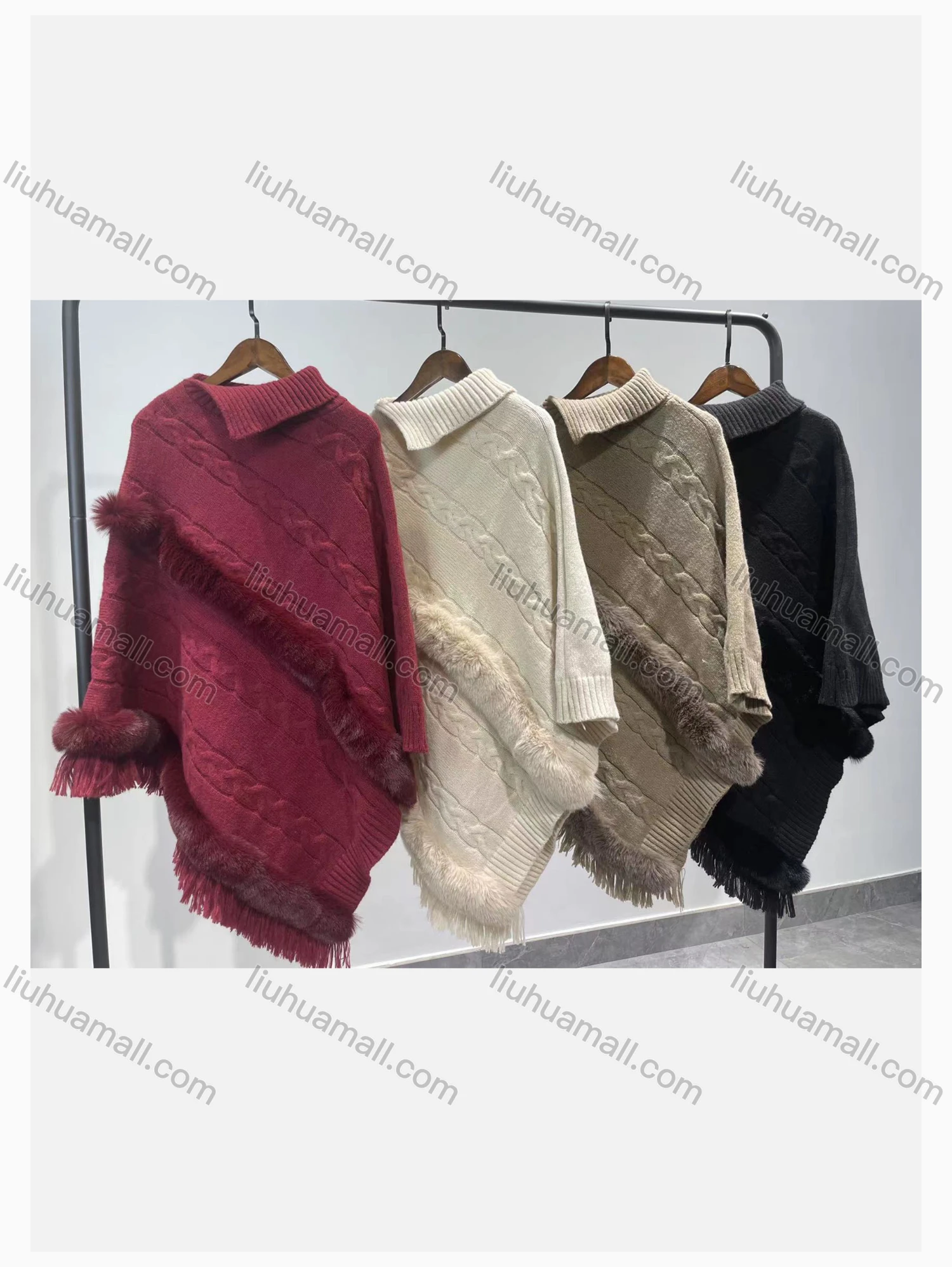 Wholesale Women's Causal Fashion High Neck Knit Tassel Plain Cape - Liuhuamall