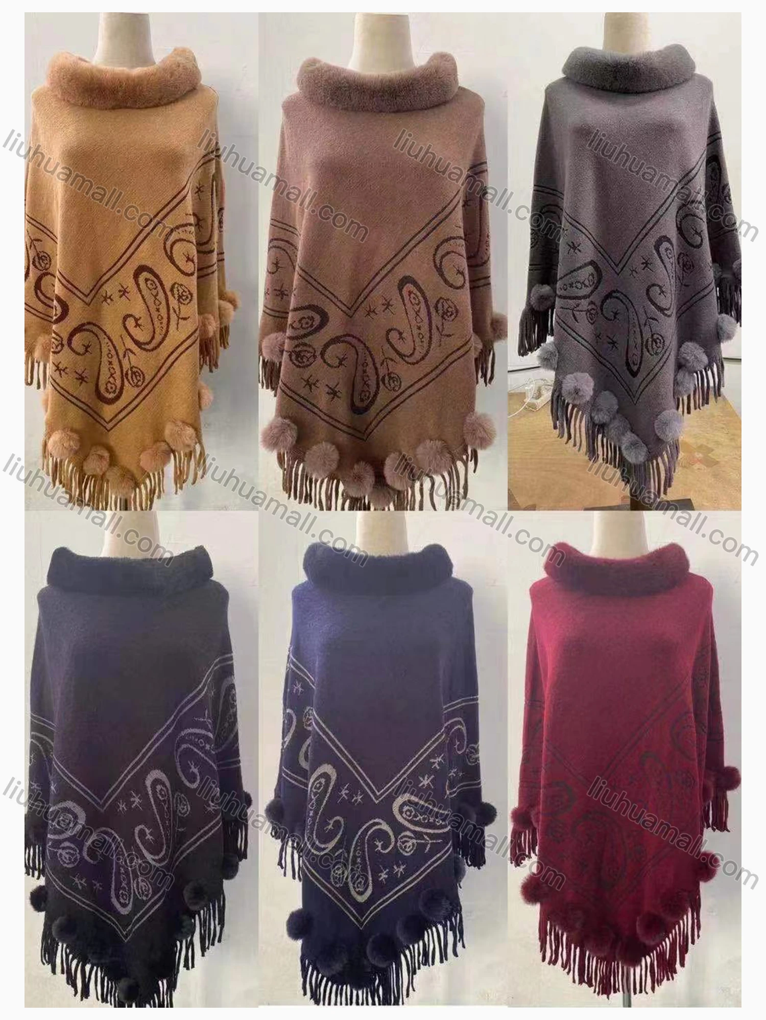 Wholesale Women's Causal Fashion Paisley Print Tassel Fuzzy Cape - Liuhuamall
